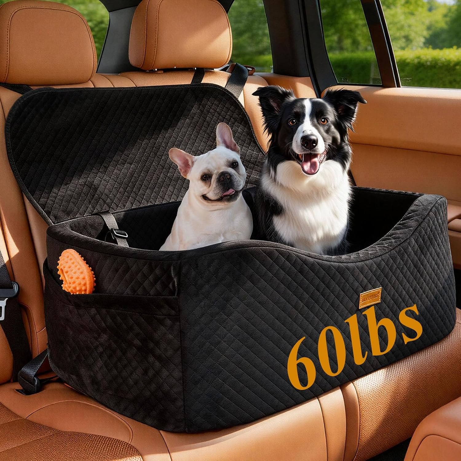 Large Dog Car Seat for Medium Sized, Dog Booster Car Seat, Pet Booster Seats up to 55lbs or 2 Small with 4″ Memory Foam for Back Seat, Triple Safety Belts, Storage Pockets, Detachable/Washable