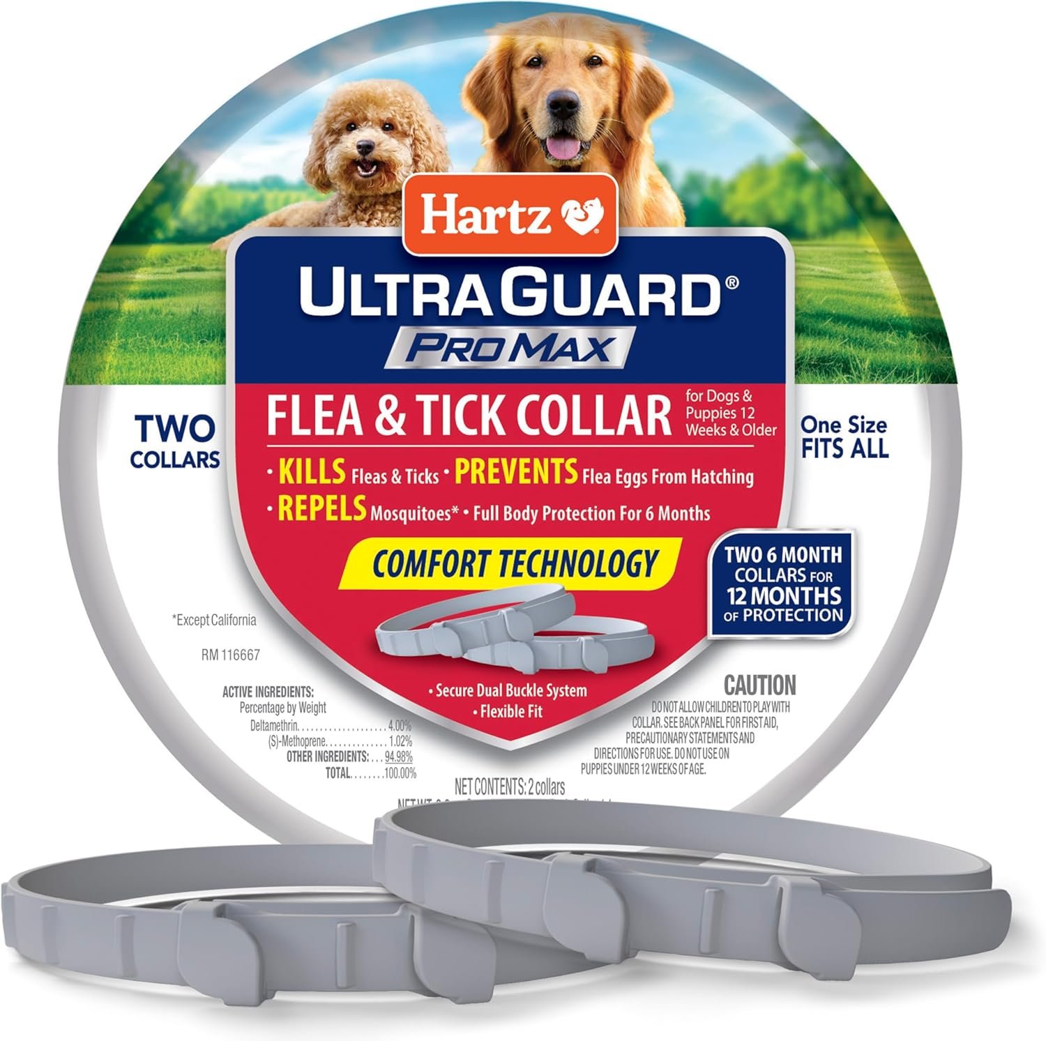 Hartz UltraGuard ProMax Flea & Tick Collar for Dogs I 12 Months Protection I Soft & Comfortable Flea & Tick Prevention I 2 Pack,Gray
