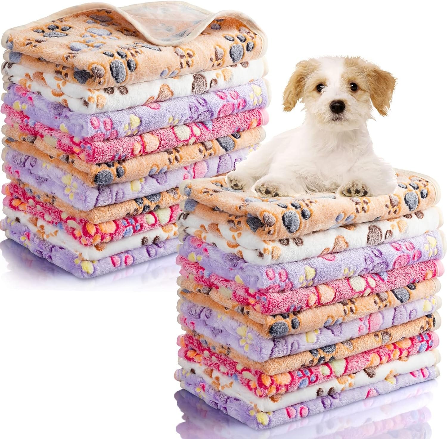 Chumia 40 Pcs Dog Blankets Soft Fluffy Fleece Washable Puppy Sleep Blankets Small Mat for Pets Throw Warm Bed Mat for Dog Puppy Cat (Pink,White,Brown,Purple,Paw)