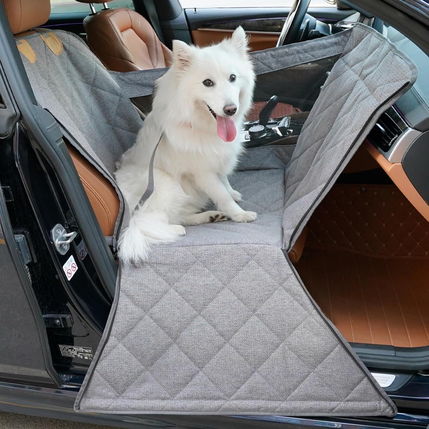 Front Seat Dog Car Seat for Small/Medium Dogs with Door Protection – Full Coverage Waterproof Pet Booster Seat with Mesh Window, Zippered Side Flaps, Safety Buckle, Grey Linen Fabric