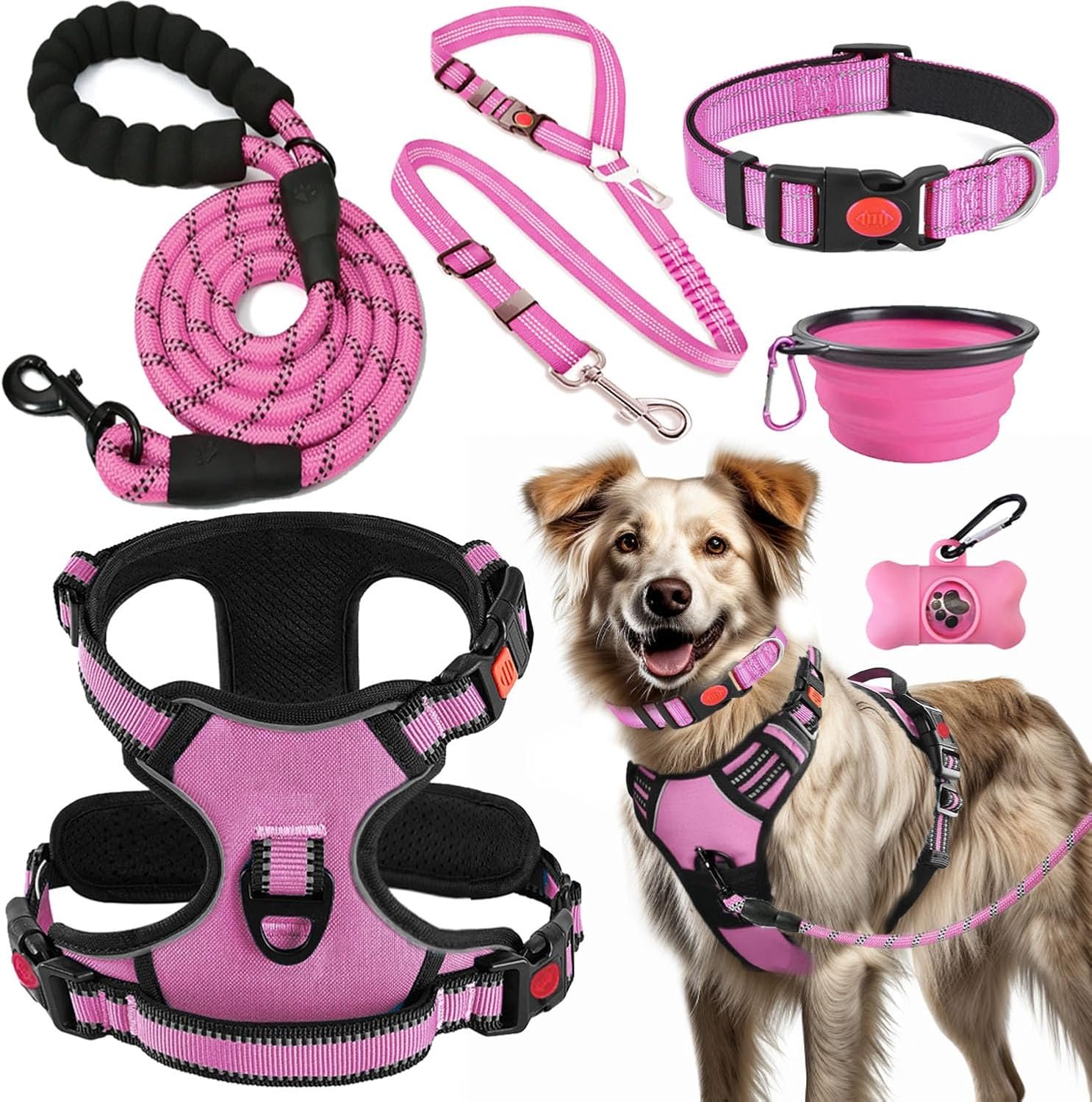 LOBEVE No Pull Dog Harness, Collar & Leash Set | Includes Dog Seat Belt, Collapsible Bowls & Poop Bag Dispenser. Ideal for Training, Walking, Hiking. Fits Small to Large Dogs(Pink-L)