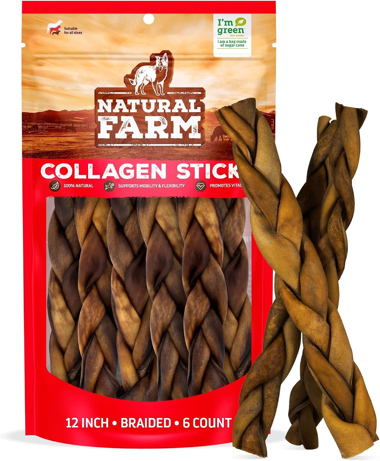 Natural Farm Braided Collagen Chews for Dogs (12 Inch, 6 Pack), Collagen Sticks, Natural Dog Chews, Long Lasting, for Small, Medium and Large Dogs, Odor-Free, Rawhide Alternative
