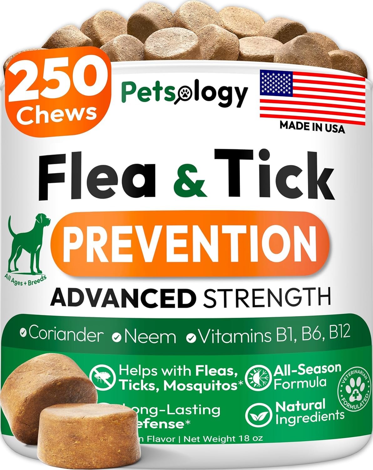 Flea and Tick Prevention for Dogs Pills – 250 Soft Chews – Natural Dog Flea & Tick Control – Oral Defense Treatment for Dogs Supplement – Vet Formulated Chews – All Breeds & Ages – Made in USA