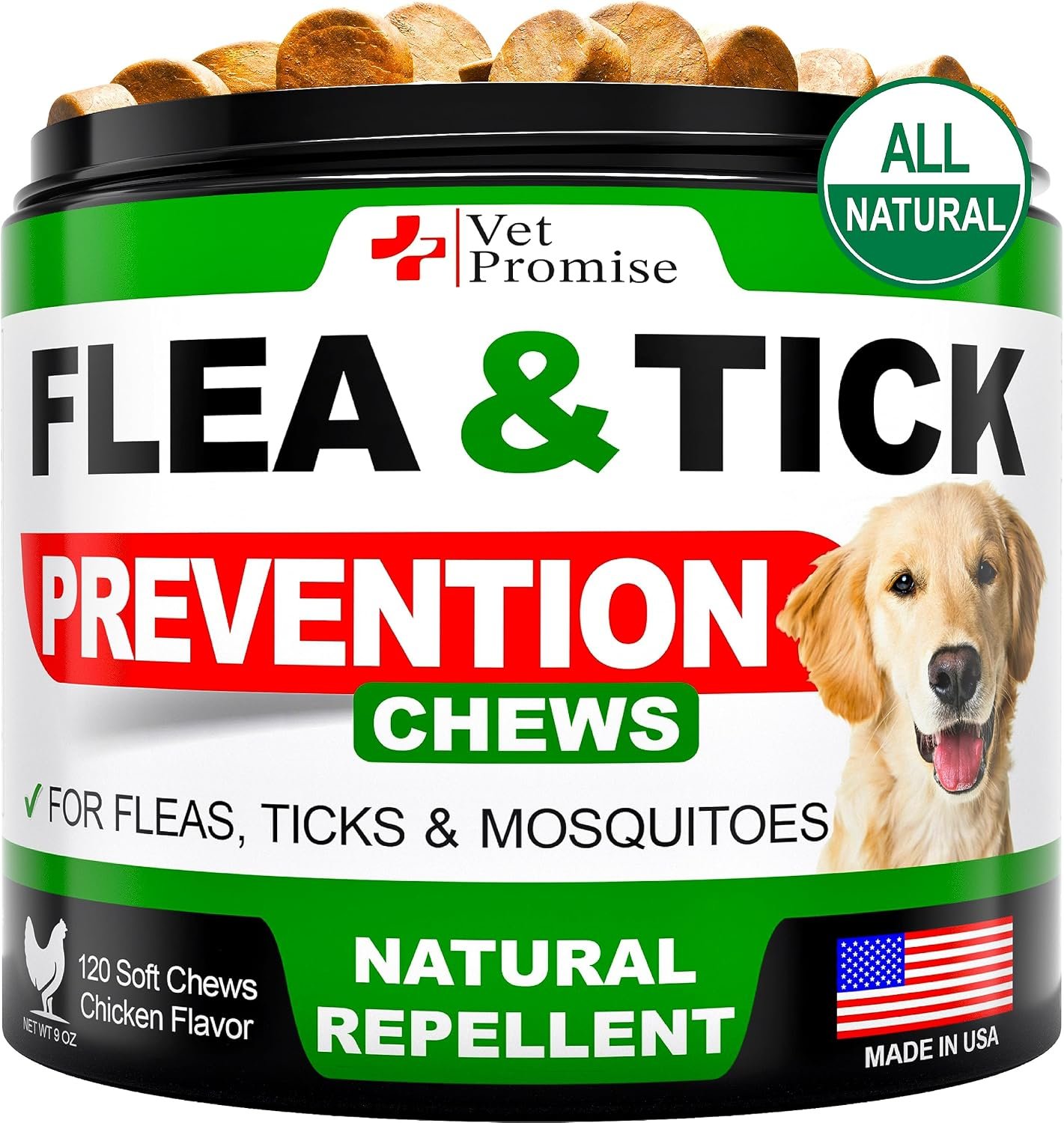 Flea and Tick Prevention for Dogs Chewables – All Natural Flea & Tick Control Chews – Oral Pills for Dogs Supplement – All Breeds and Ages – Made in USA – 120 Tablets