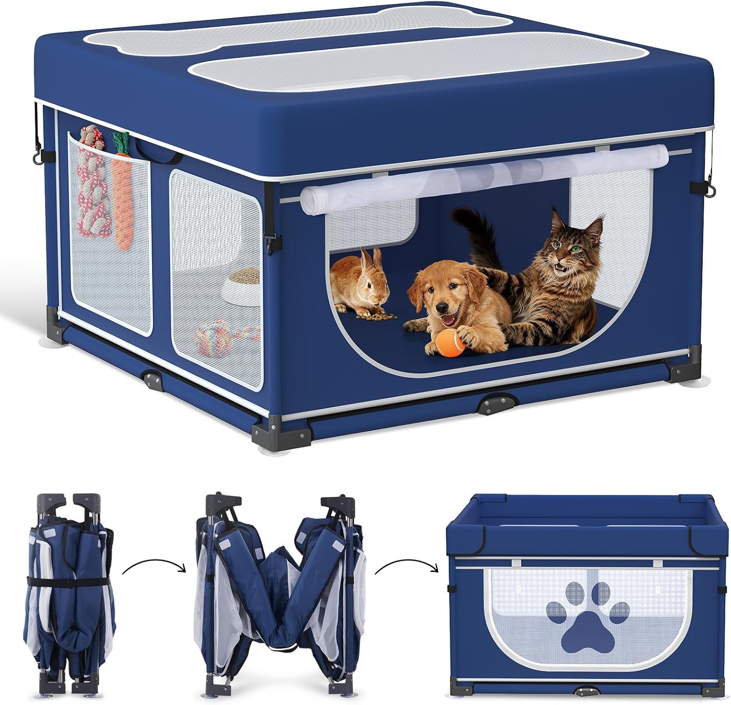 LOOBANI Foldable Dog Playpen with Cover: 1 Min Setup Pet Puppy Playpen Indoor, Sturdy Reinforced Steel/Iron Frame Dog Fence, Portable Whelping Box for Home Dog Cat Rabbit-43.3″x43.3″x27.1″│Patented