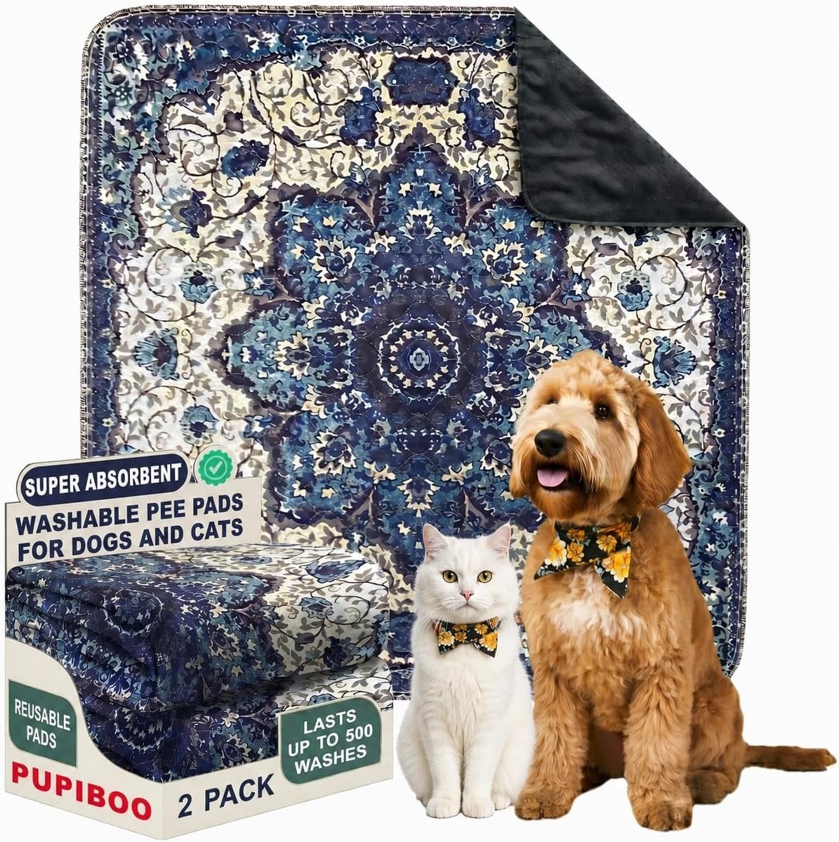 PUPIBOO Washable Pee Pads for Dogs and Cats – Super Absorbent Reusable Puppy Training Pads – 100% Waterproof, Leak-Proof & Non-Slip Whelping Pads for Pet Housebreaking