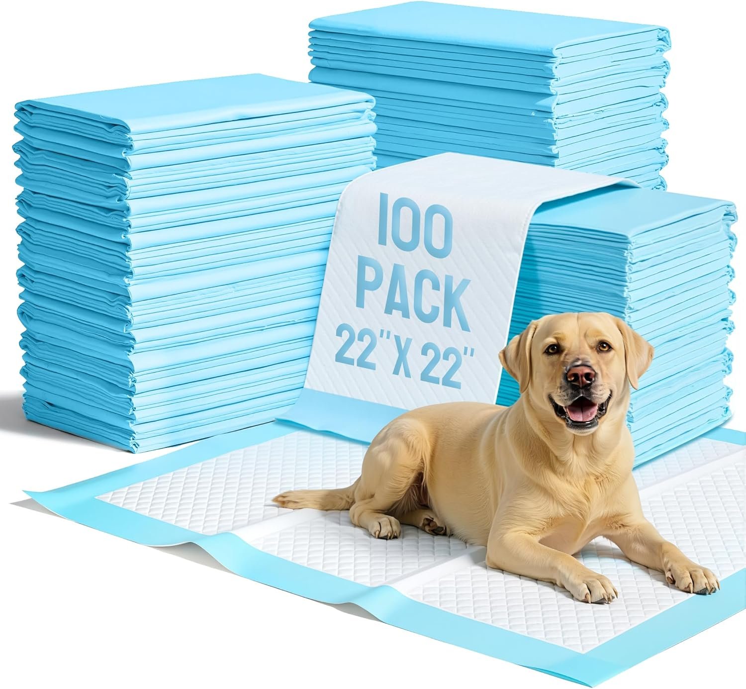 VUSIGN Puppy Pee Pads 100 Count Dog Training Pads 22”x 22” Leakproof Super Absorbent Potty Training with Quick-Dry Surface, 5-Layer Disposable Underpads for Baby, Puppy and Adults, Blue & White