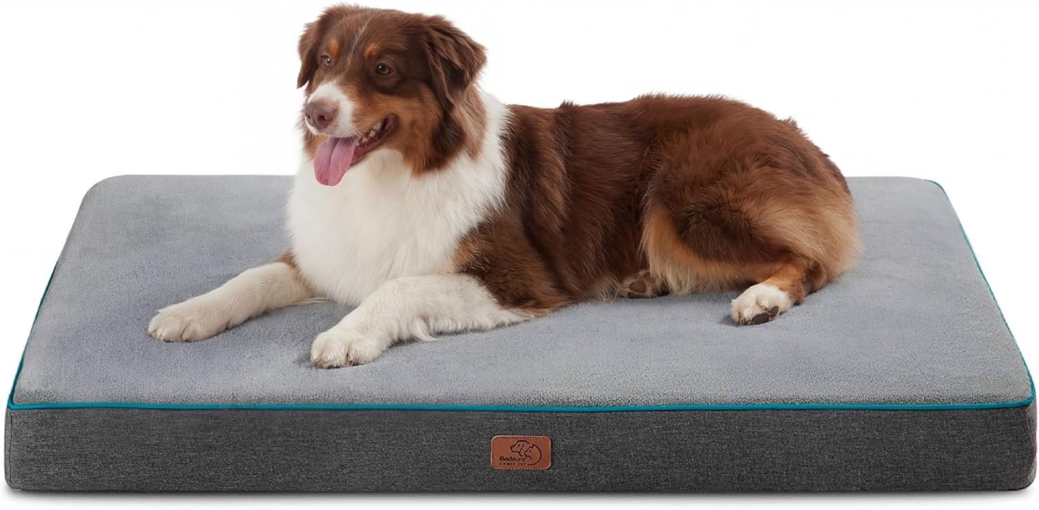 Bedsure Memory Foam Dog Beds Large Sized Dog – Orthopedic Pet Beds for Crate with Removable Washable Cover and Nonskid Bottom, Plush Flannel Fleece Top Pet Mat, Grey