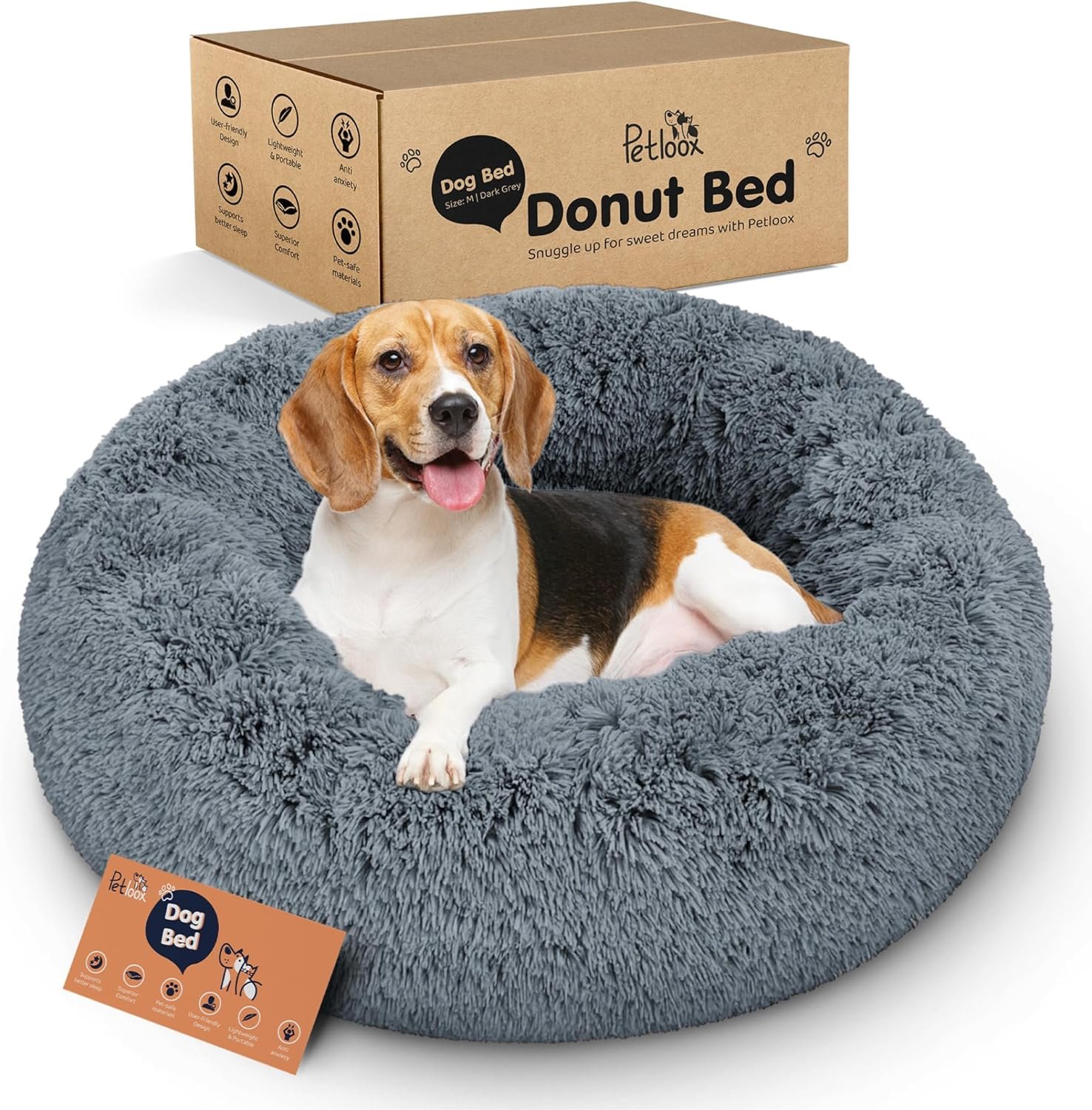 Donut Dog Bed – Premium Comfort for Anxiety Relief – Fluffy & Calming Design with Ultra-Plush Support | Cozy Round Dog Bed with Super Soft Circle Style (Dark Grey, Medium)
