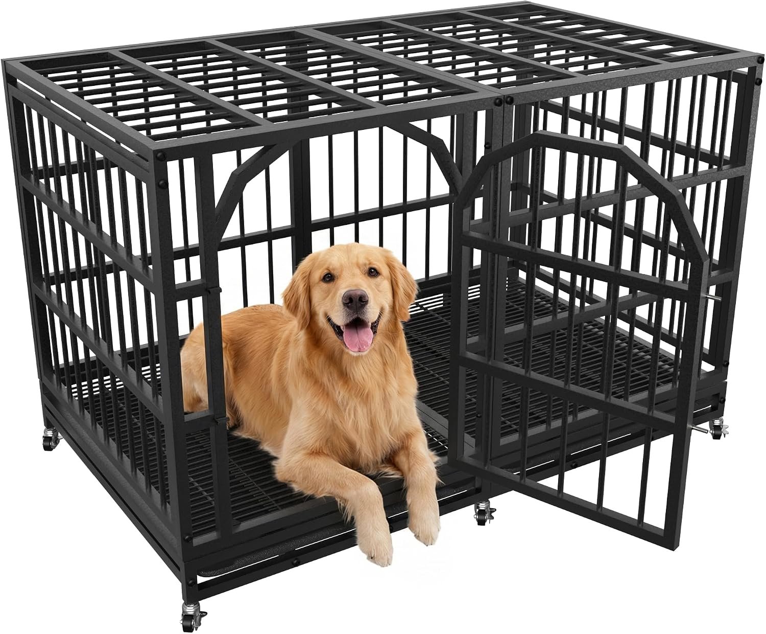 Asee’m 48 inch Heavy Duty Dog Crate for Large Dogs with Wheels, Escape Proof Indestructible Dog Kennel Large Big Cage Indoor for High Anxiety with Locks and Removable Trays (Black)