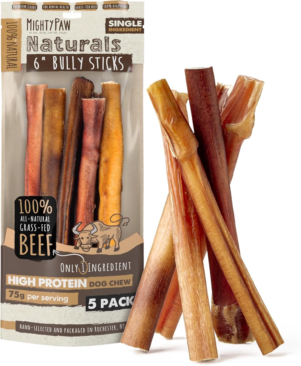 Mighty Paw Naturals Bully Sticks for Small & Medium Dogs – Grass Fed Beef Chews. Bully Sticks for Large Dogs. Lower Odor Stick Treat. Single Ingredient (6″ – 5 Pack)