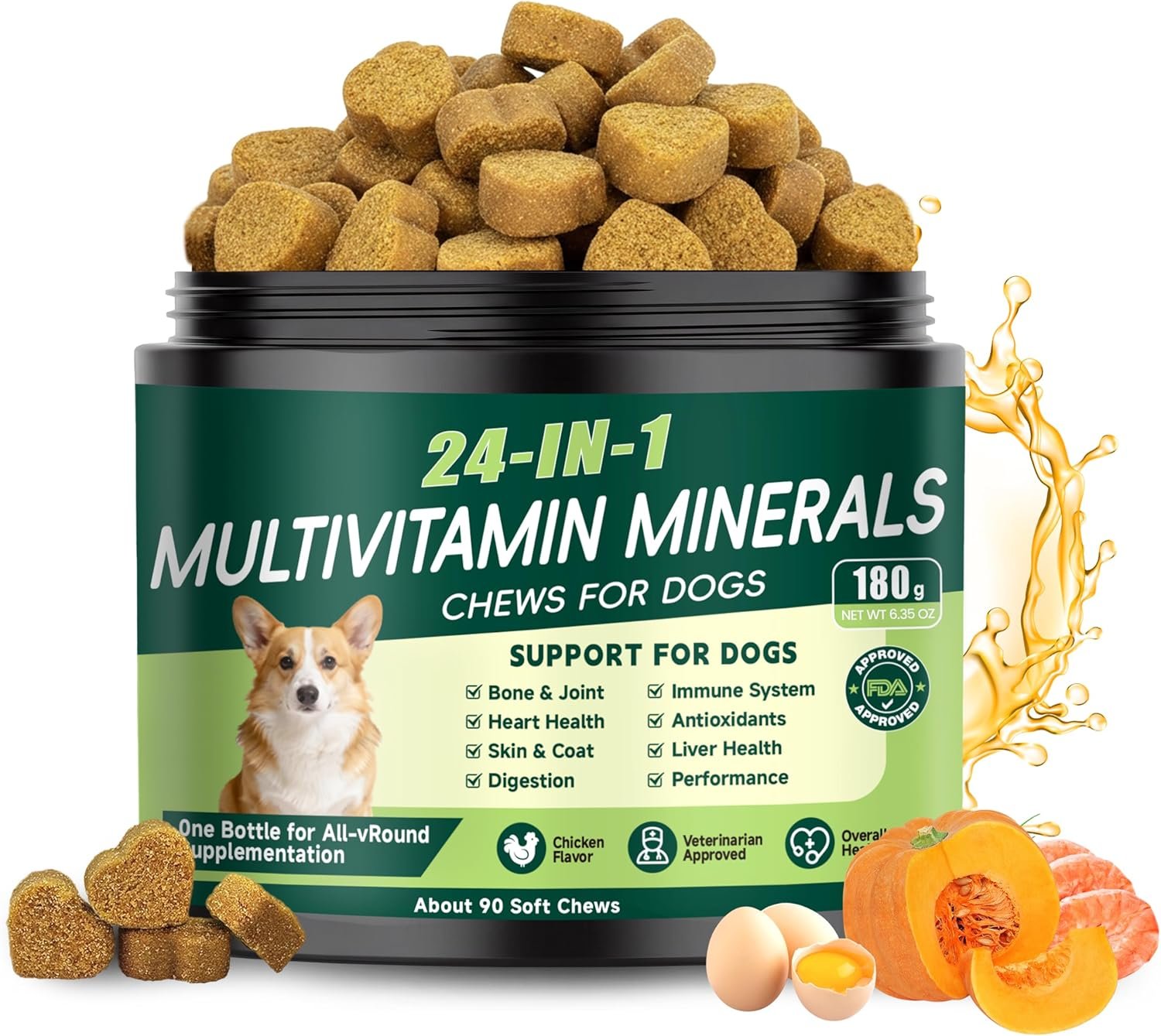 24-in-1 Dog Vitamins and Supplements, Dog Multivitamin Chewable with Chondroitin Probiotics Omega-3 Glucosamine for Dogs Skin Coat Hip and Joint Heart Gut Liver Brain Eye Immune Support, 90 Chews