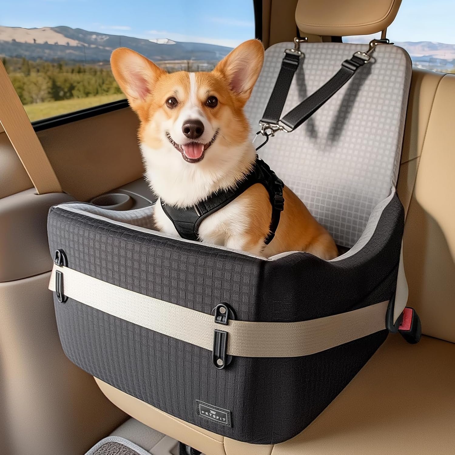 PETSFIT Dog Car Seat for Small/Medium Dogs Up to 35 lbs – Patented Safety System, 5″ Memory Foam Pet Booster Car Seat, Fully Detachable and Washable Dog Carseat with 2 Storage Pockets (Black & Grey)