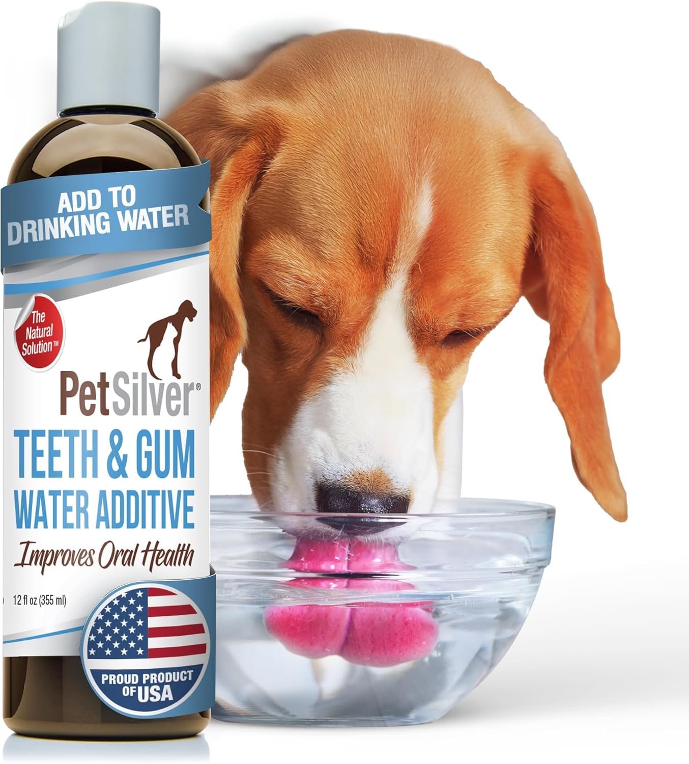 PetSilver Teeth & Gum Water Additive for Dental Care – Pet Breath Freshener – Targets Tartar, Plaque & Promotes Fresh Breath – Dog Oral Care & Cat Teeth Cleaning – No Brushing & Tasteless – 12 fl oz