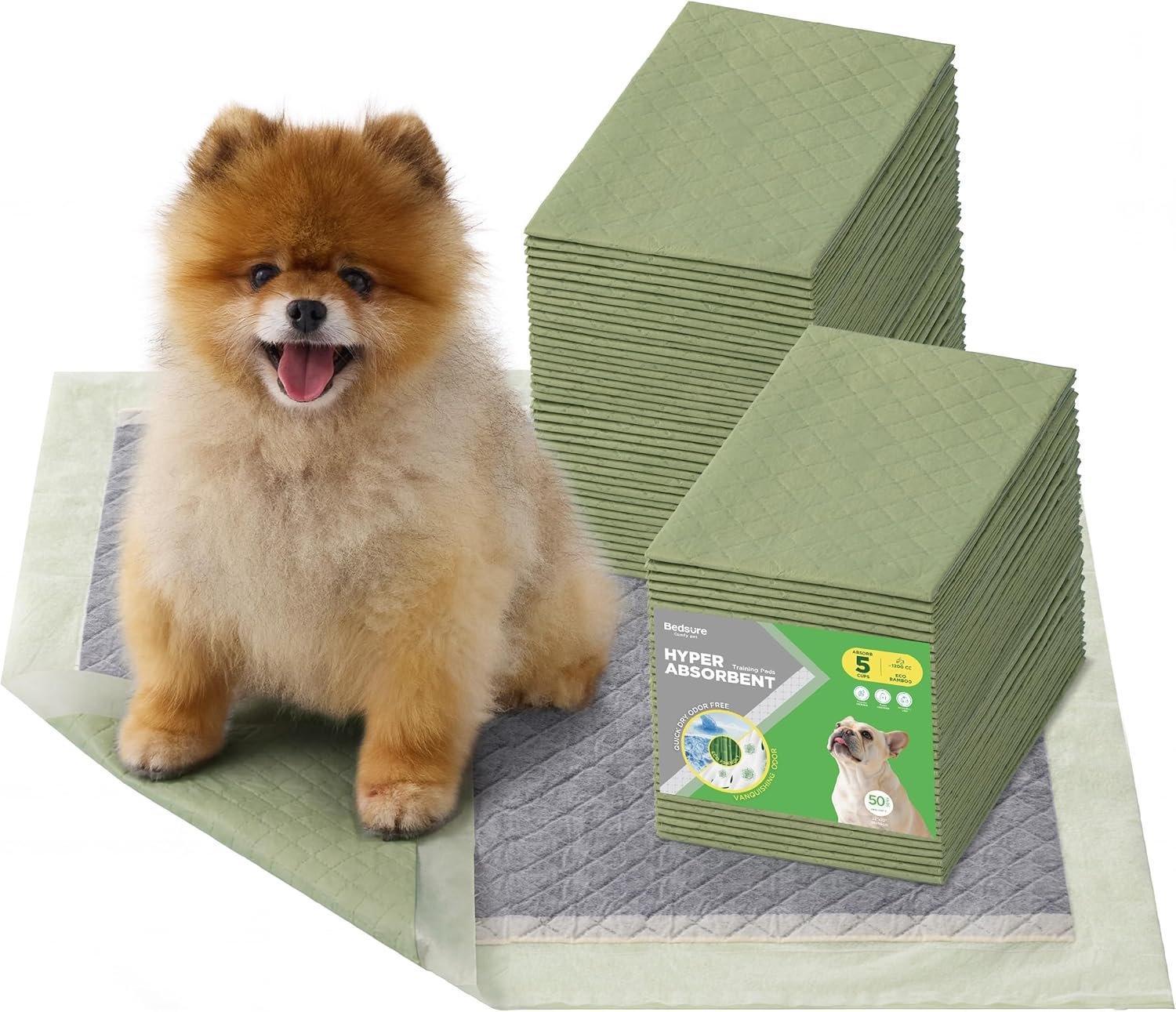 Bedsure Pee Pads for Dogs, 22″ x 22″ Puppy Pads 50 Count, Super Absorbent & Leak Proof, Small Dog Training Pads Quick Dry Disposable Pets Potty Pads Odor-Control Activated Carbon & ECO Green Material