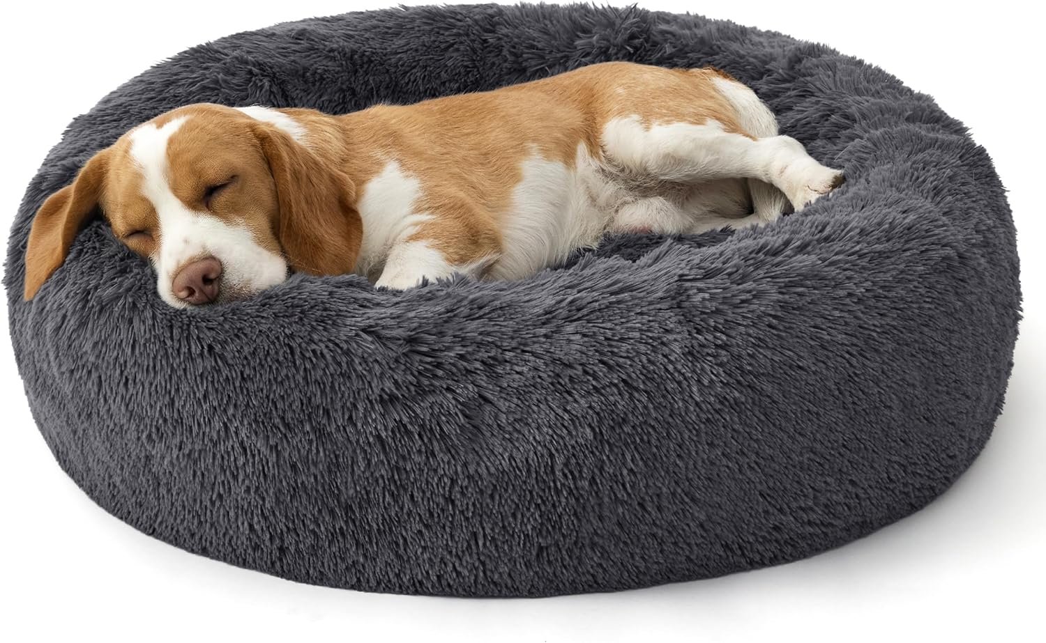 Bedsure SupportMax™ Calming Dog Bed Medium Size Dog – 30in Donut Round Washable Medium Pet Bed, Anti-Slip＆Removable Cover,420GSM Anti-Anxiety Fluffy Plush Faux Fur,Fits up to 45 lbs Pets