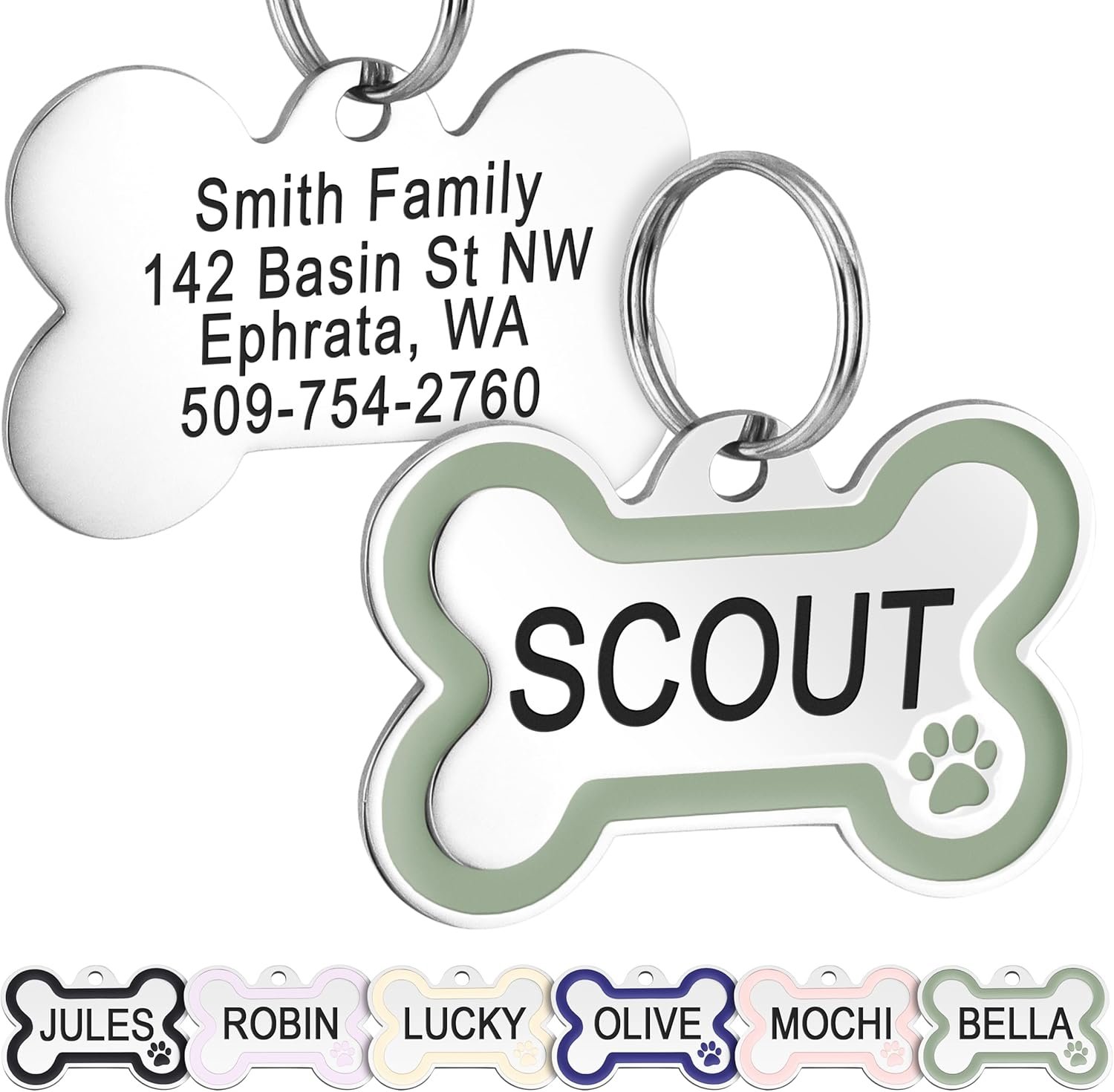 GoTags Stainless Steel Pet ID Bone Round and Heart Shaped Tags with Enamel Paw Design, Personalized Dog and Cat Tags, up to 5 Lines of Custom Text, Engraved on Both Sides (Sage, Regular Bone)