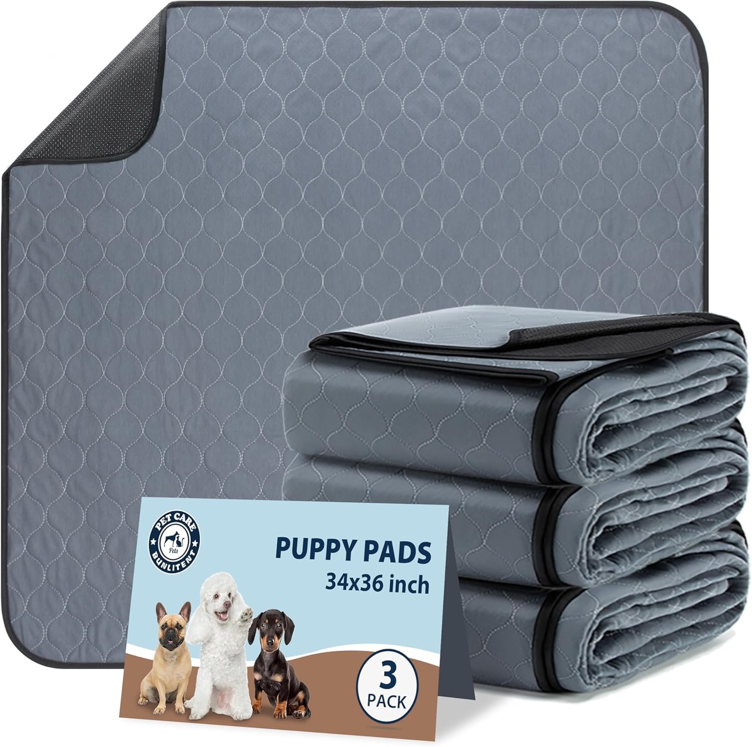 Washable Pee Pads for Dogs, 34×36 Reusable Puppy Pads with Fast Absorbent, Waterproof Reusable Pee Pads for Whelping, Traing, Incontinence and Potty, 3 Pack, Grey.