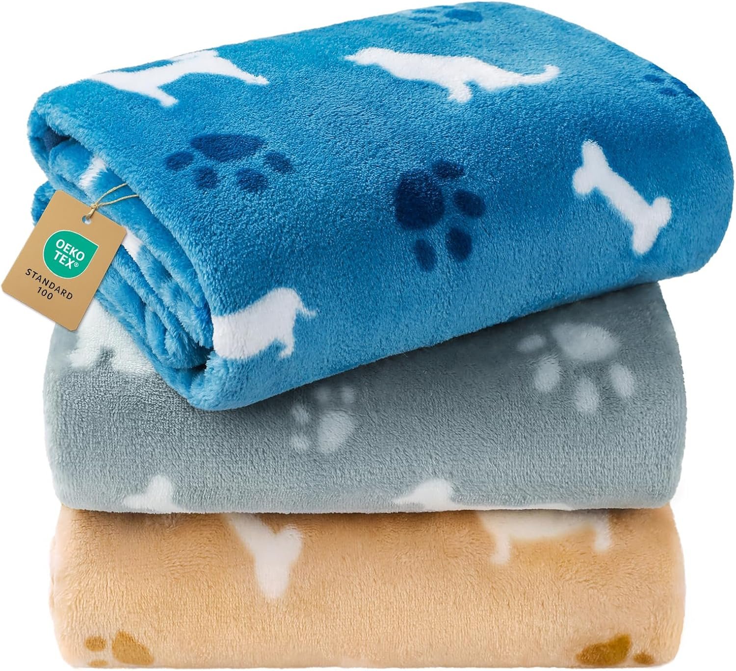 Luciphia 1 Pack 3 Blankets, Cute Dog Printed Fluffy Fleece Pet Blanket for Dogs Cats Washable, Warm Soft Throw Cover for Crate Couch, Gifts Puppy Essentials, Blue/Grey/Khaki, Small (23×16 inch)