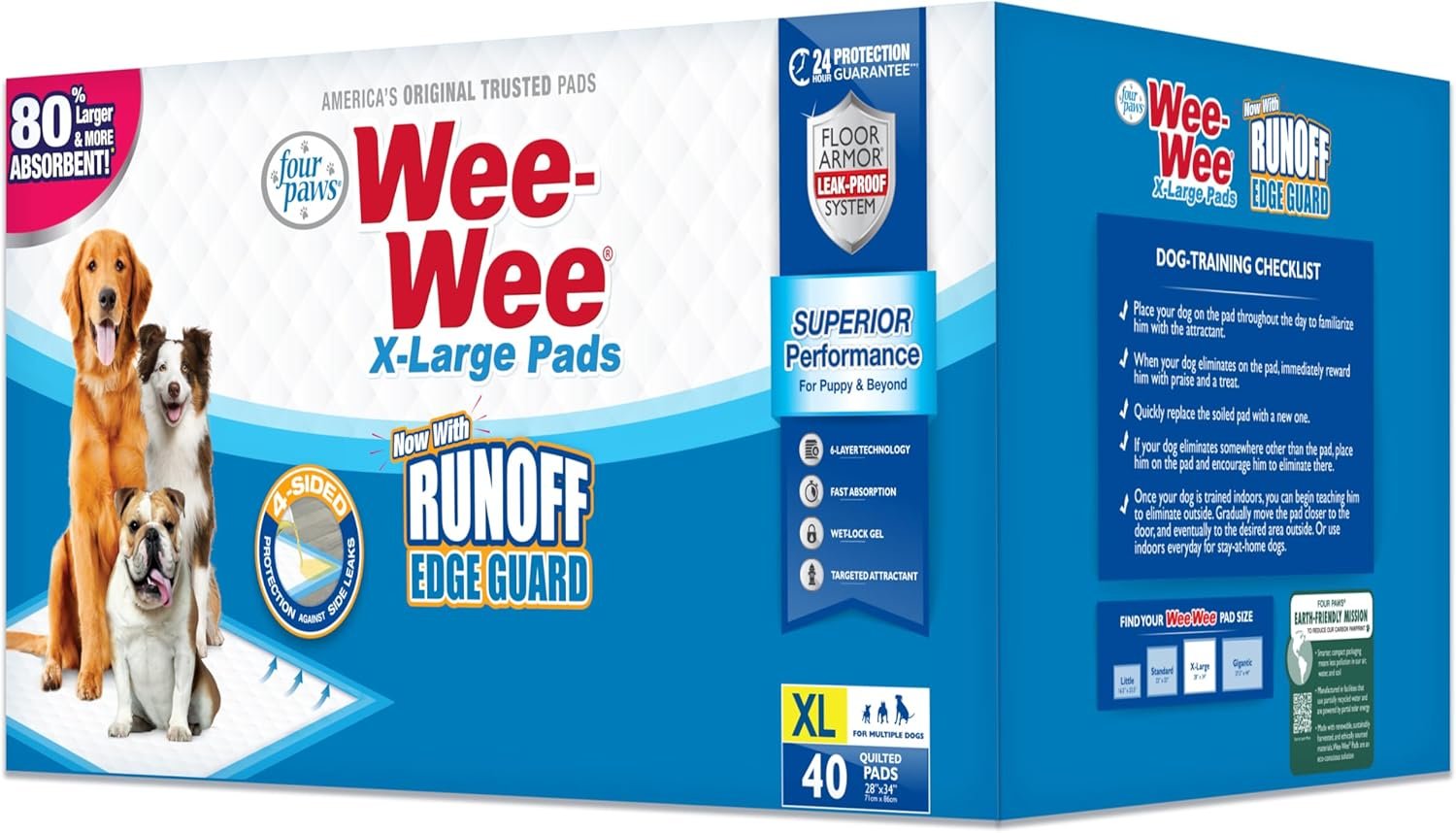 Four Paws Wee-Wee Superior Performance Unscented Extra-Large Pee Pads for Dogs & Puppies, Quilted Leak-Proof Dog Housebreaking Potty Training Floor Protection, 28″ x 34″, 40 Count