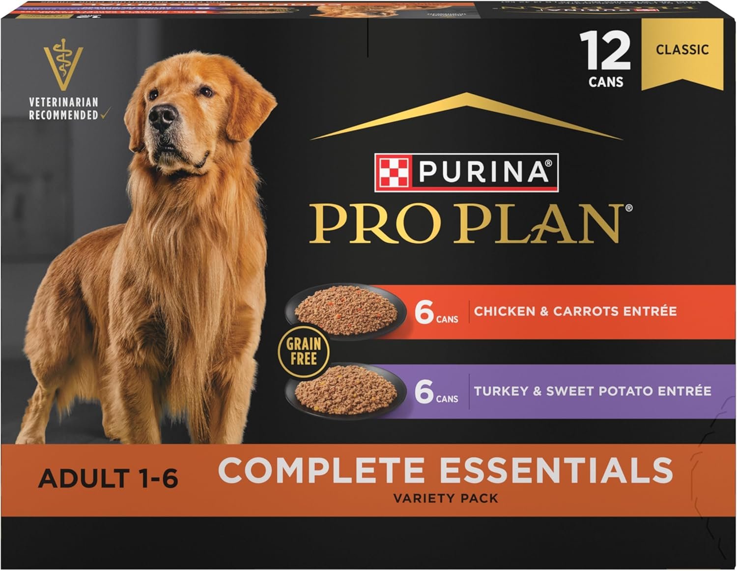 Purina Pro Plan Wet Dog Food Grain Free Complete Essentials Variety Pack, Chicken and Carrots and Turkey and Sweet Potato Entrees – (Pack of 12) 13 oz. Cans