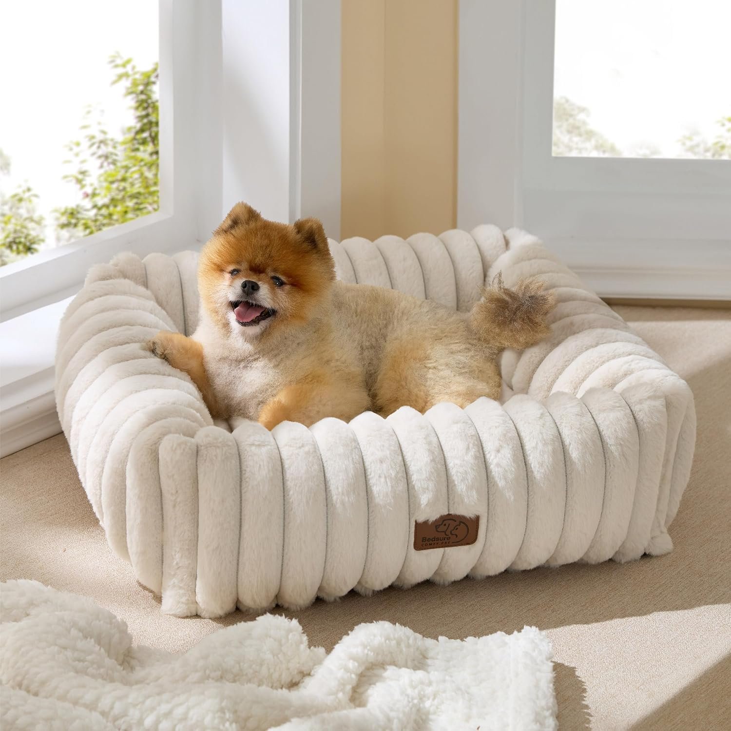 Bedsure ComfyFleece™ Cute Dog Bed for Small Medium Dogs – Washable Furry Puppy Beds, Rectangle Orthopedic Corduroy Fleece Pet Beds with Removable Zipper Cover, 25x21x7inches, Cream