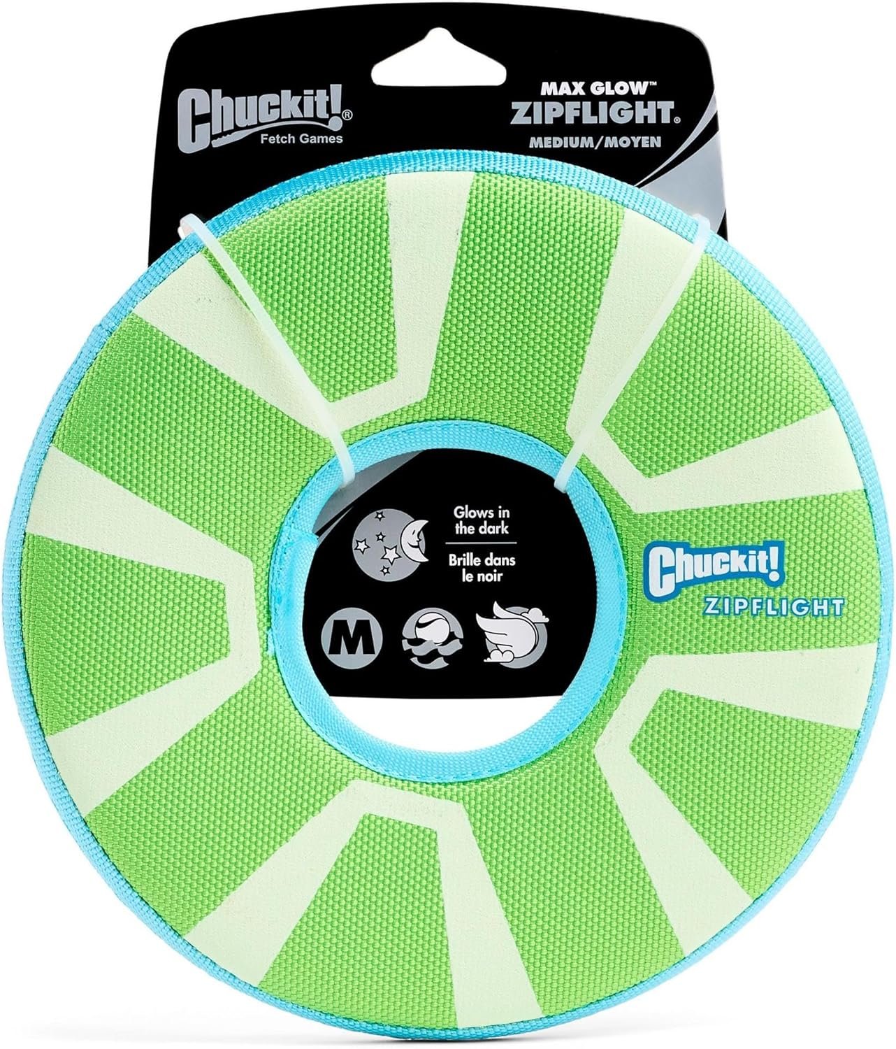 Chuckit! Max Glow Zipflight Flying Disc Dog Toy – Water Floating Flyer for Beach and Pool – Durable Polyester Construction – For Medium and Large Dogs – Size Medium – 8.5” L x 8.5” W – Pack of 1