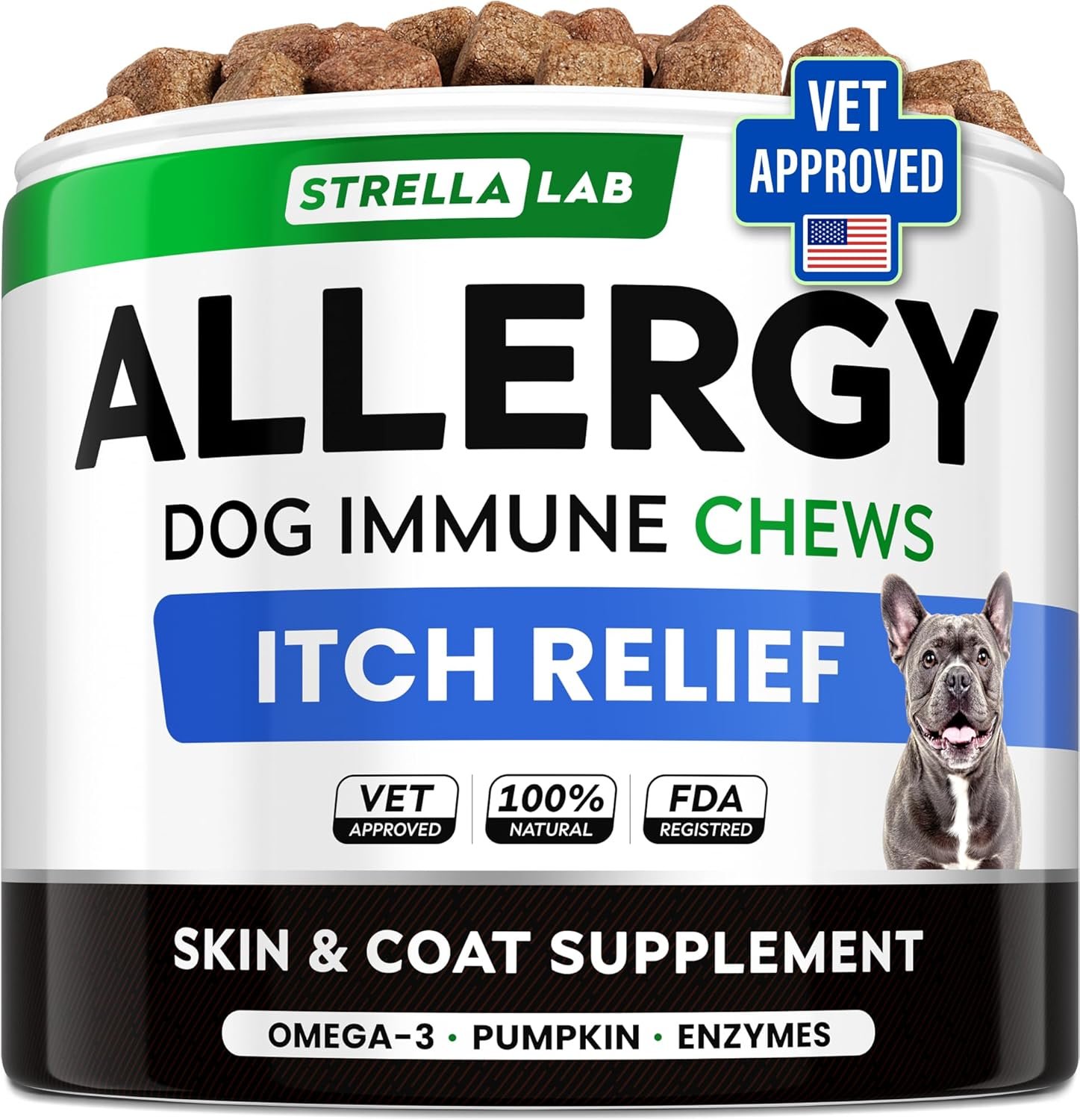 StrellaLab Dog Allergy Relief & Anti Itch Support Chews w/Omega 3: Real Ingredients, Real Taste! Skin & Coat Immune w/Fish Oil, Pumpkin & Enzymes — Developed by Experts – Made in USA – 60Ct