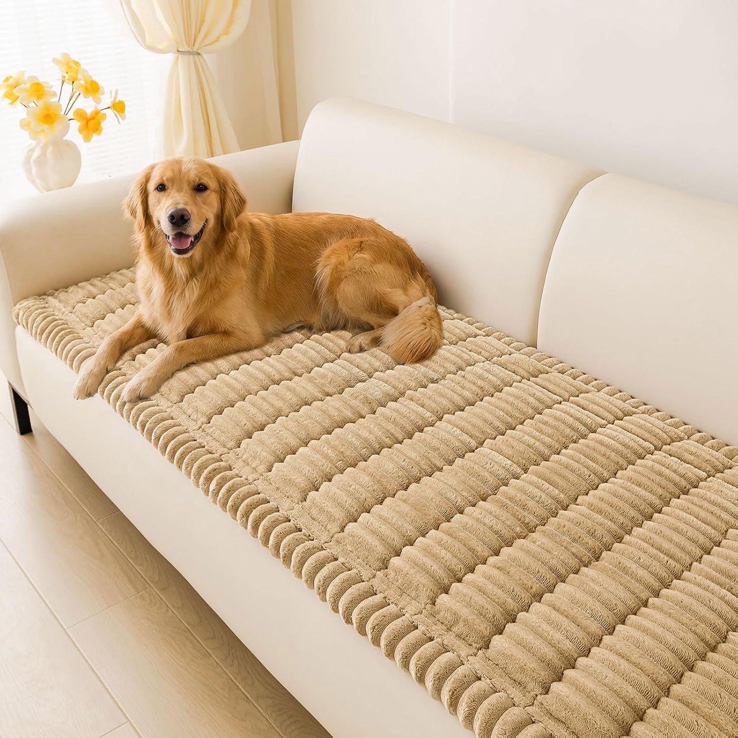 hyha Couch Cover for Dogs Washable, Non Slip Thick Flannel Sofa Protector, Pet Friendly Plush Furniture Cover for Sectional Sofa & Loveseat (Camel, 27.6″ x 59″)