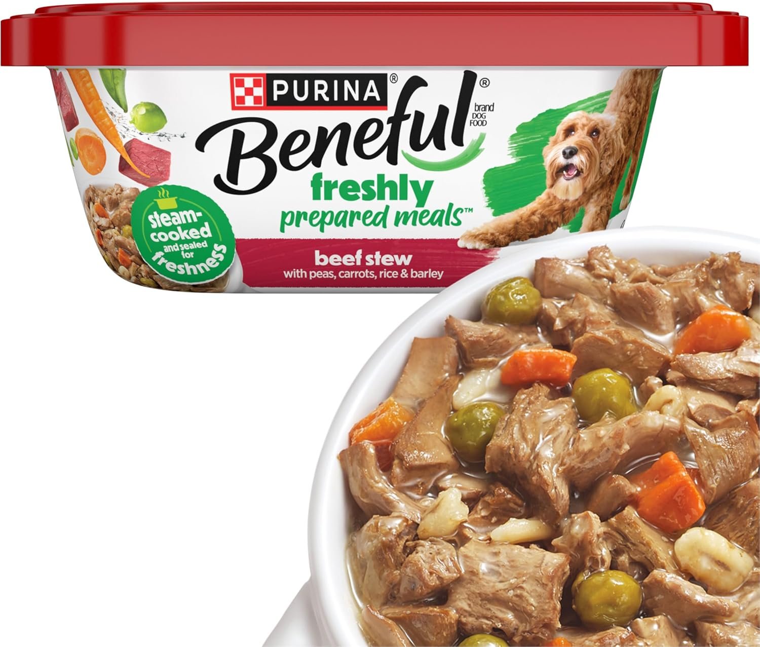 Purina Beneful Wet Dog Food Freshly Prepared Meals Beef Stew with Peas, Carrots, Rice, and Barley – (Pack of 8) 10 oz. Tubs