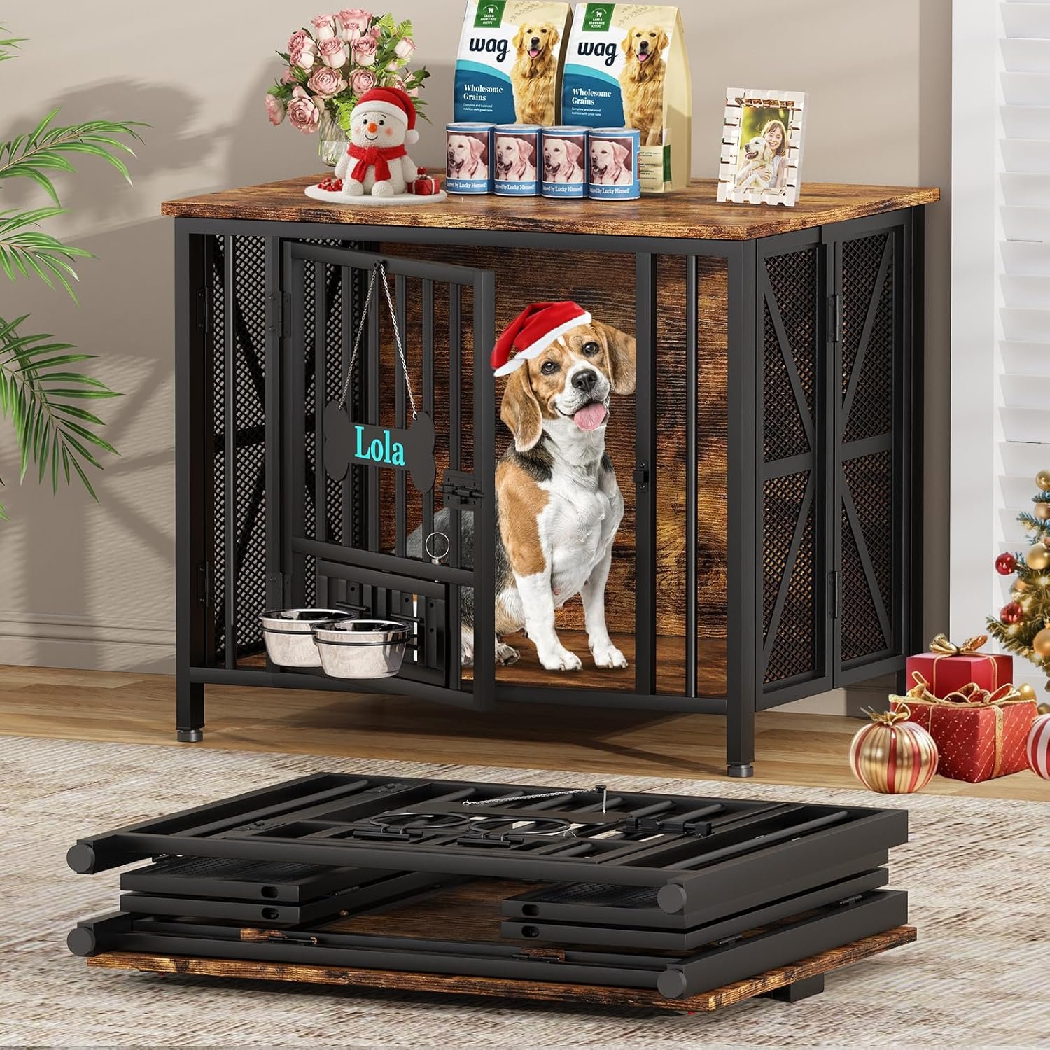 Easycom Dog Crate Furniture, 31.5″ Assembly-Free Dog Crates for Small & Medium Dogs, Foldable Dog Kennel Indoor with Tag & Adjustable Dog Bowls, Wooden Dog Cage Use as End Table, Rustic Brown