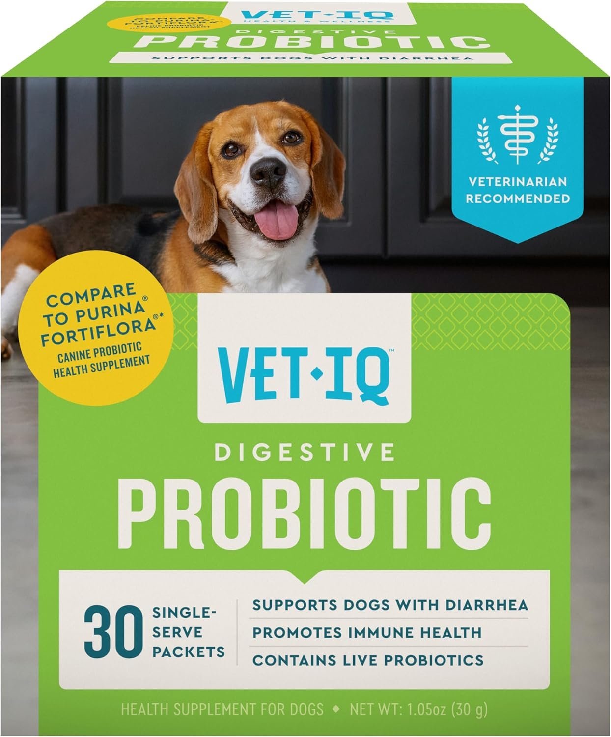 VetIQ Digestive Probiotic Powder for Dogs 30-Count Single-Serve Packets with Enterococcus Faecium Live Probiotics Chicken Liver Flavor Supports Gut Health and Diarrhea Relief