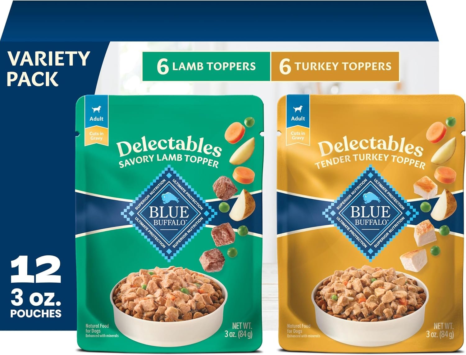 Blue Buffalo Delectables Variety Pack Natural Wet Dog Food Topper (Savory Lamb & Tender Turkey) Tender Cuts in Gravy with Natural Ingredients, Vitamins & Minerals, 3-oz. Each (12 Pouches)