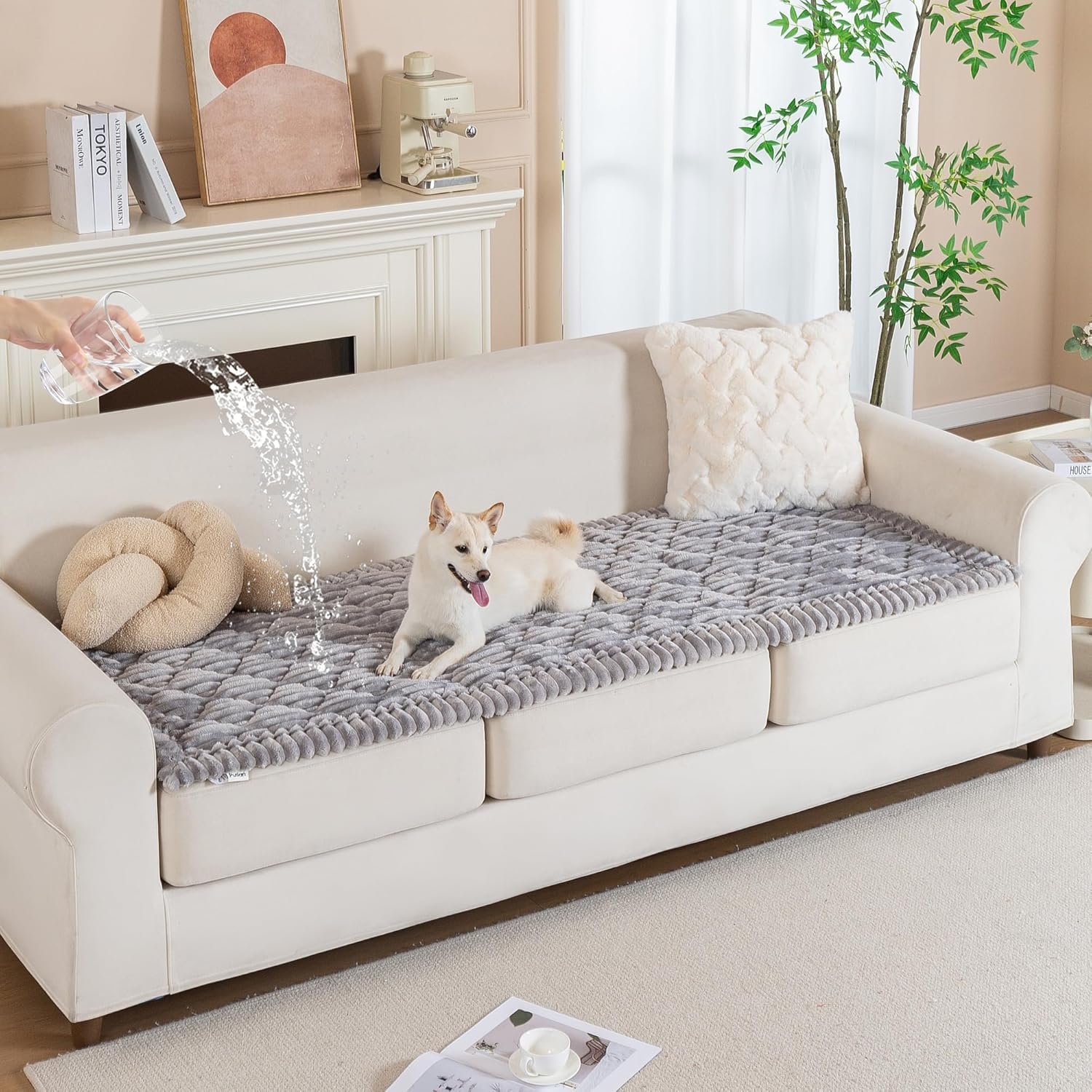 PuTian 100% Waterproof Fuzzy Couch Cover for Dogs Washable Non-Slip Couch Protector Pet Friendly Dog Mat for Couches and Sofas – 27.6”x59” 70cmx150cm Light Grey