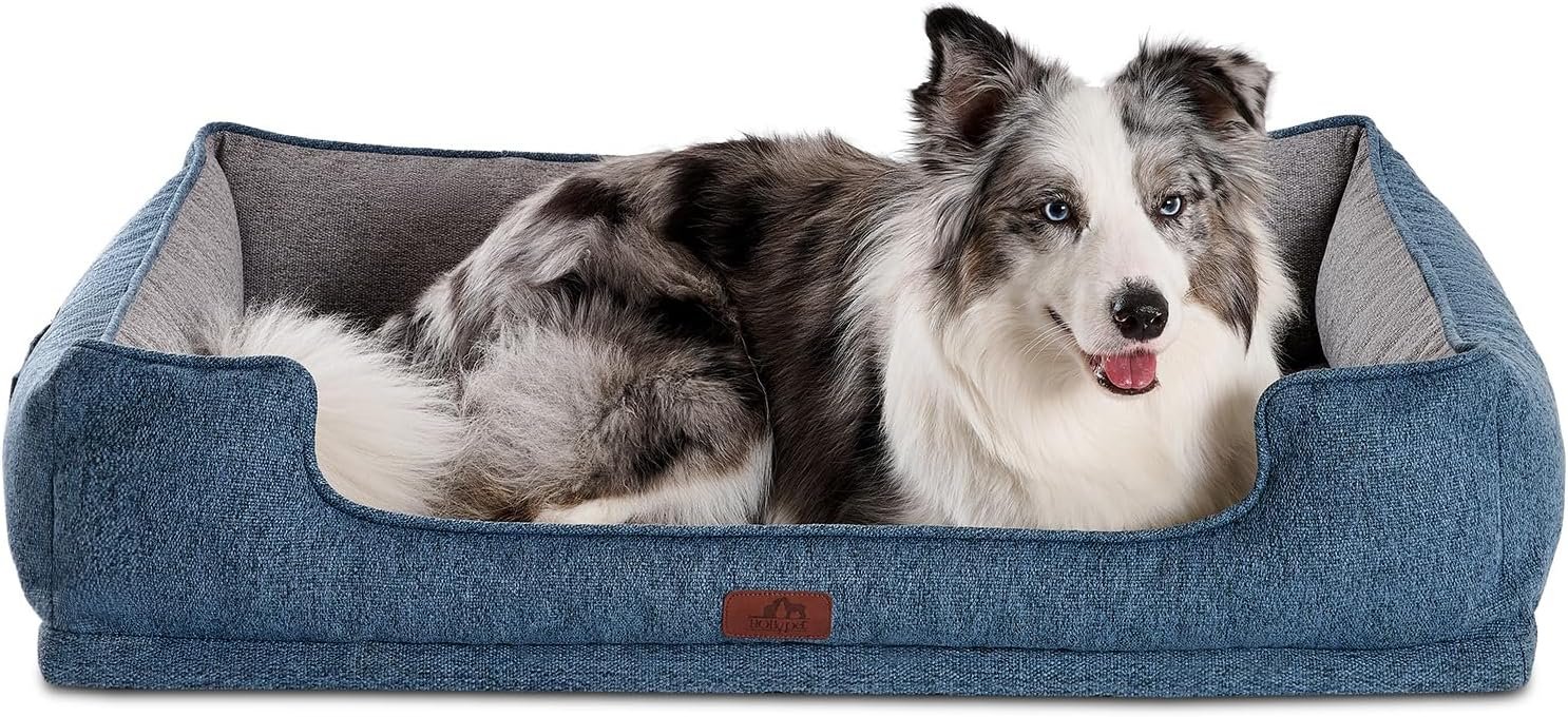 Hollypet Orthopedic Rectangle Dog Bed for Large Dogs, Supportive Egg-Crate Foam Pet Beds with Removable Washable Waterproof Cover and Non-Slip Bottom, Blue, 38″ L x 29″ W x 8.5″ Th