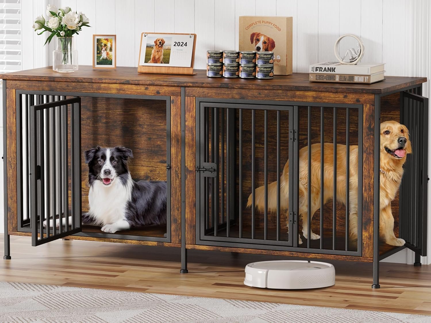 EasyCom Dog Crate Furniture for 1 or 2 Dogs, Heavy Duty Single/Double Dog Crates for Small/Medium/Large Dogs, Dog Kennel Furniture Indoor as TV Stand, Large Size 78.74″ L(35-60 Pounds), Brown