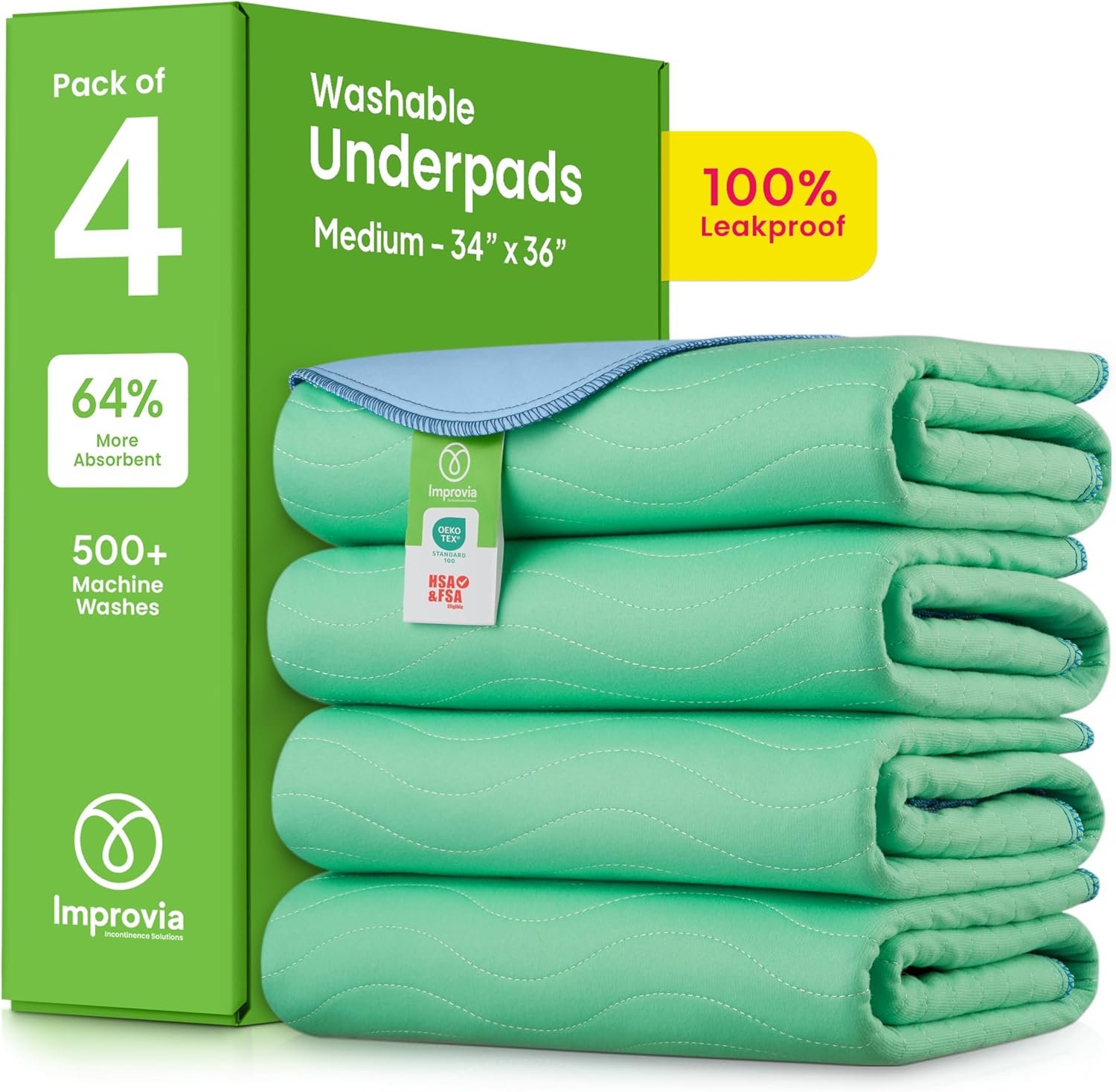 IMPROVIA® Washable Underpads, 34″ x 36″ (Pack of 4) – Heavy Absorbency Reusable Bedwetting Incontinence Pads for Kids, Adults, Elderly, and Pets – Waterproof Protective Pad for Bed, Couch, Sofa, Floor