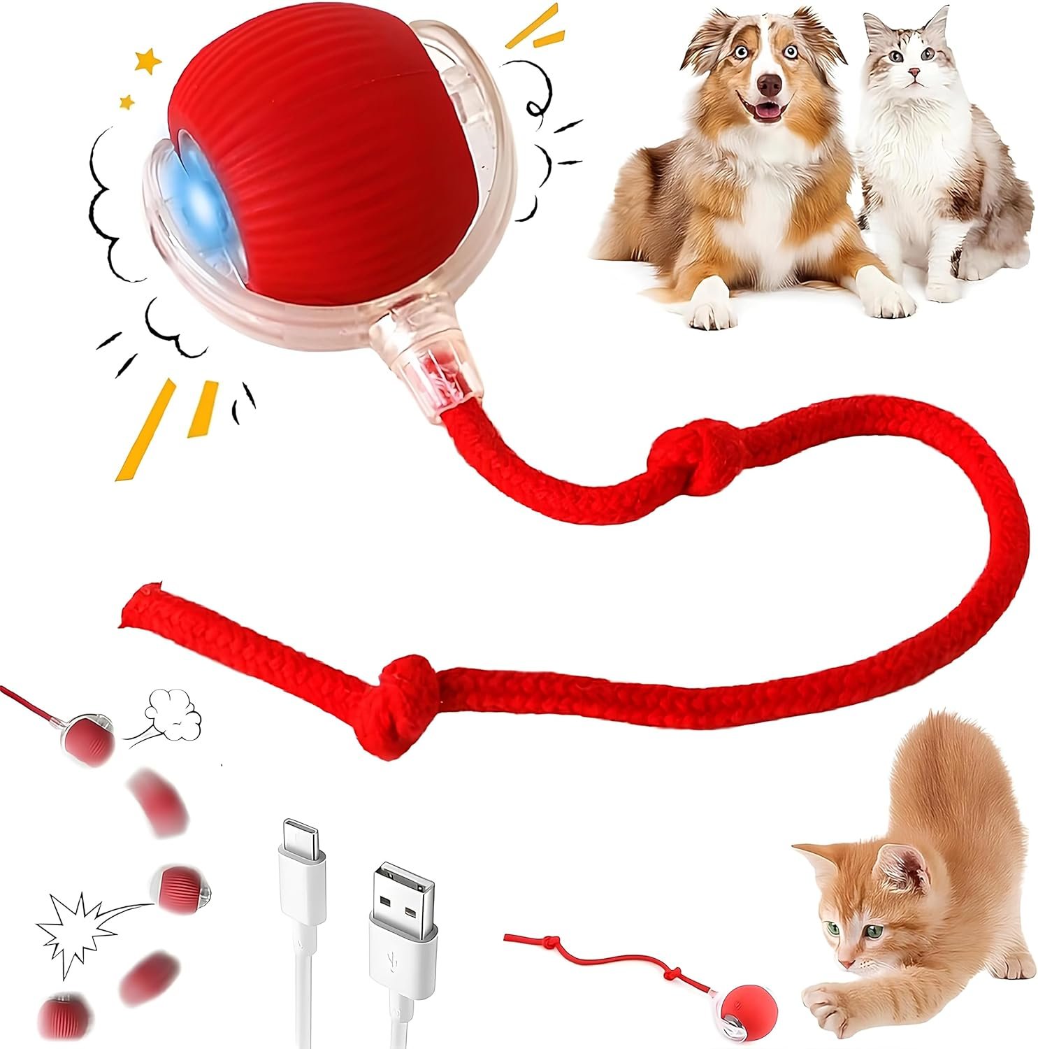 Purrmitive 2026 Durable Interactive Cat Toys for Indoor Cats, Dog Toys Ball, Rolling Pet Ball, Smart Automatic Cat Chase Balls Toy, Interactive Dog Toys Speedy Tail,Kitten & Cat Toys Interactive (Red)