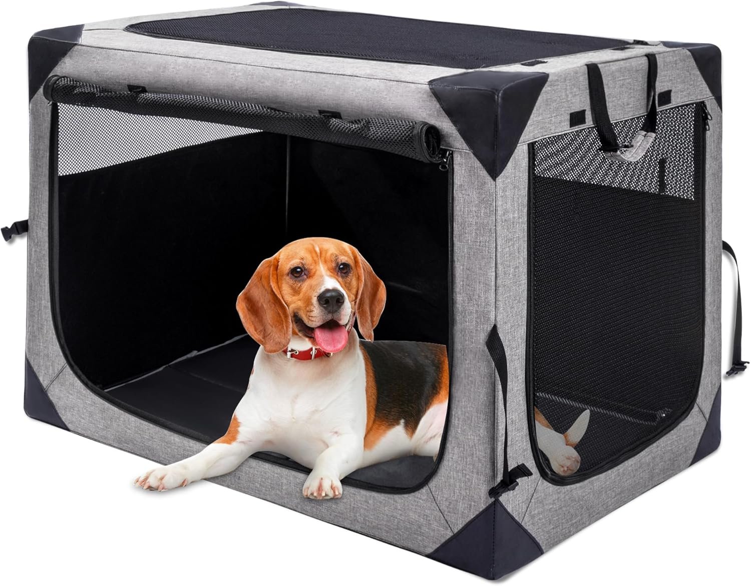 Hiaksedt Dog Crates – 36 Inch Collapsible Soft Dog Crate, 3-Door Foldable Soft Kennel for Large Dogs, Portable Pet Travel Cage with Chew Proof Mesh Window for Outdoors