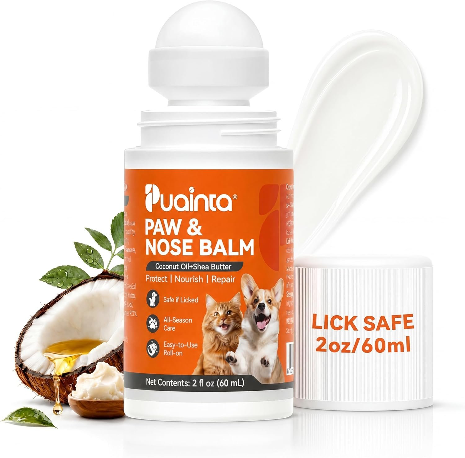 PUAINTA Dog Paw & Nose Balm, Roll-On | Lick-Safe All-Natural Moisturizer for Dry Cracked Paws & Snout | Paw Nose Elbow 3-in-1 | Hot Pavement & Winter Protection for Dogs (2oz)