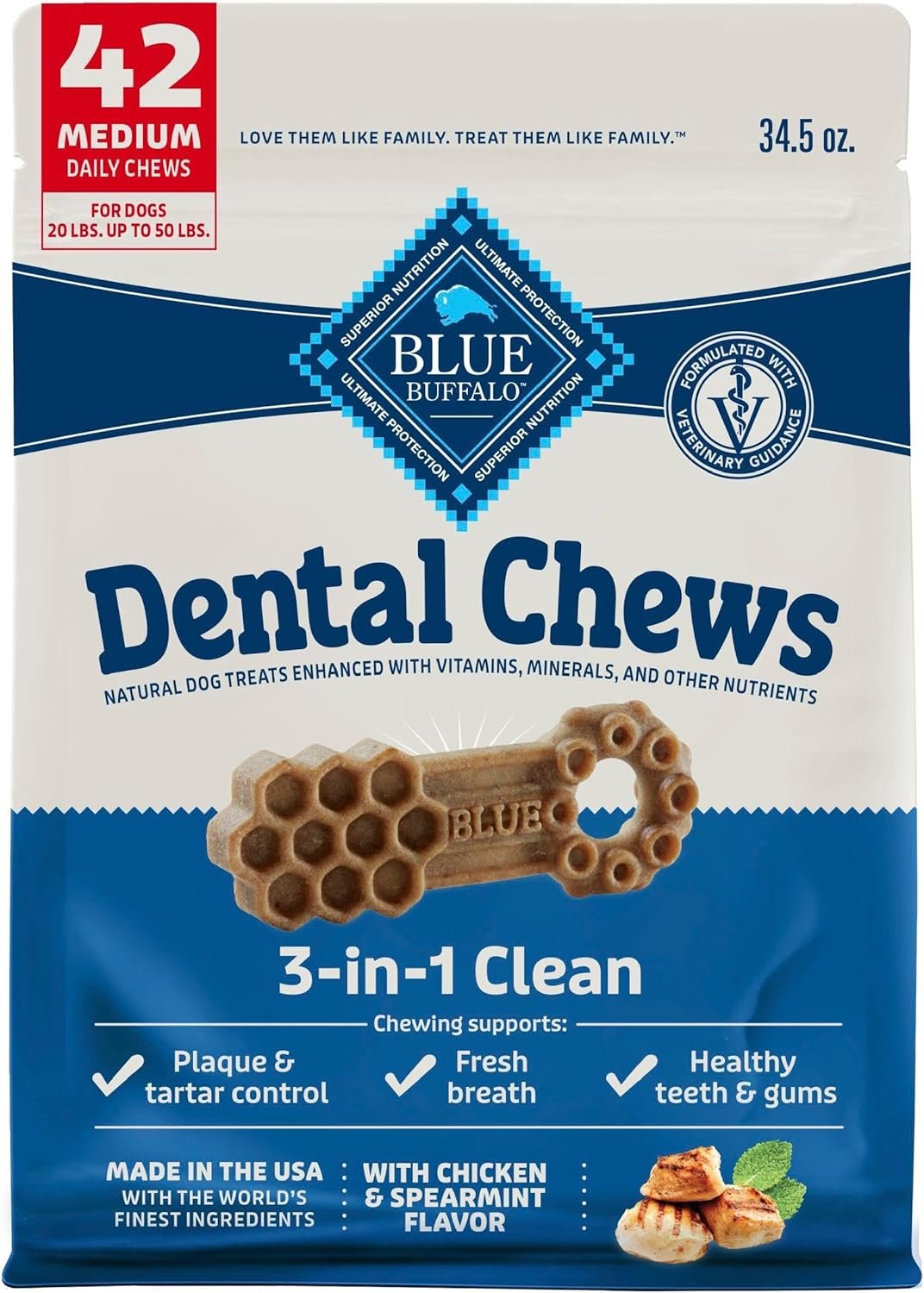Blue Buffalo Natural Dental Chews for Medium Dogs 20-50 lbs., Chicken & Spearmint, Daily Teeth Cleaning Dog Treats, Enhanced with Vitamins & Minerals, 34.5-oz. Bag (42 Treat Count)