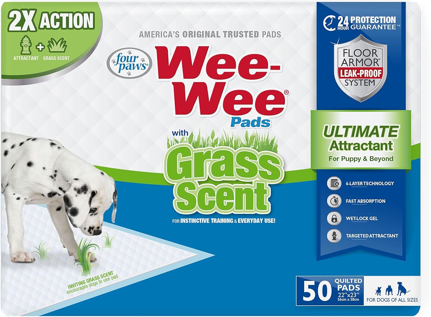 Four Paws Wee-Wee Ultimate Attractant Dog Pee Pads for Instinctive Training, Leak-Proof Floor Protection Dog & Puppy Quilted Potty Training Pads, Grass Scent, 22″ x 23″ (50 Count)
