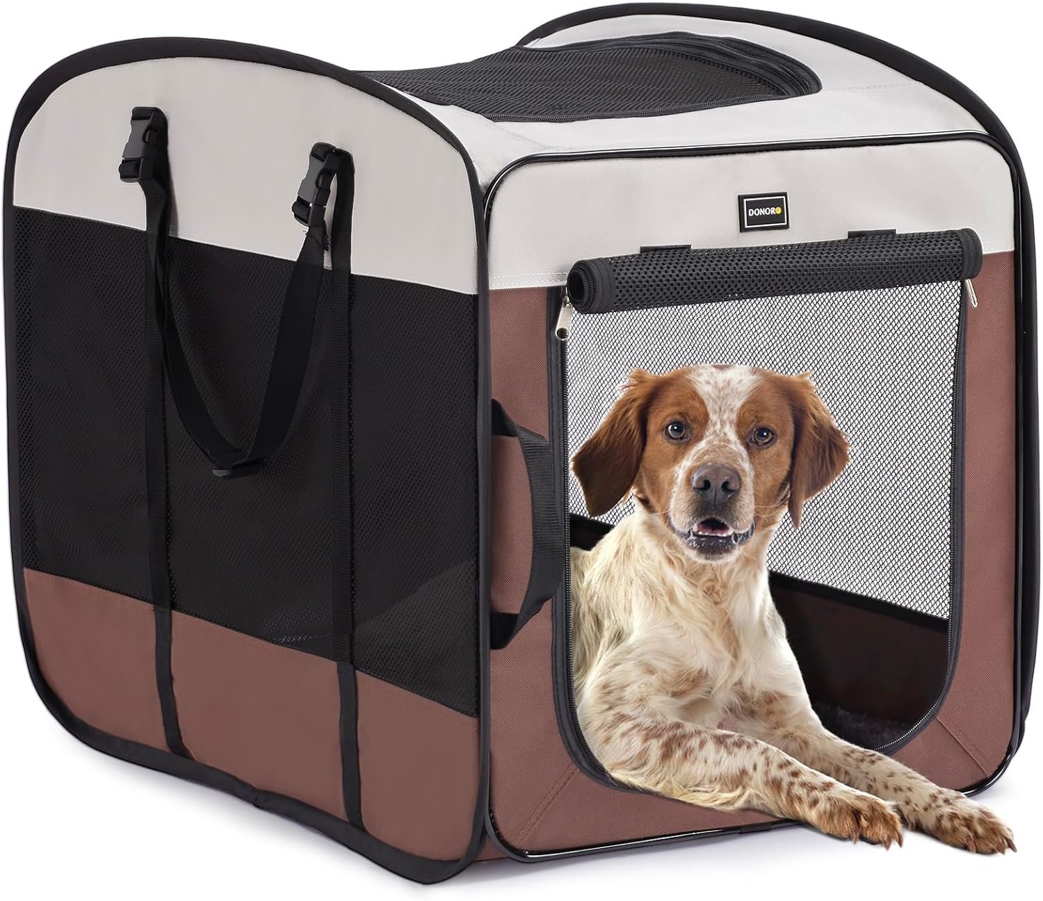 DONORO Dog Kennels and Crates for Medium Dogs, Portable Pop Up Indoor Pet Cage with Sturdy Wire Frame, Collapsible Travel Crate Soft Sided Cat Bag Escape Proof (Brown, 28.0″ L x 18.0″ W x 22.0″ H)