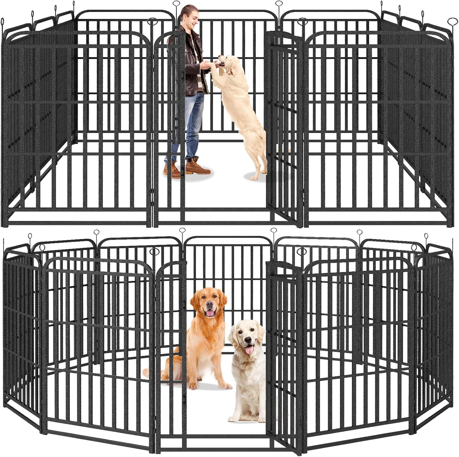 Kfvigoho Heavy Duty Dog Playpen: 12 Steel Panels 47″ Height, Square Steel Pipe with Reinforced Crossbars, 27FT 57 Sq.ft Portable Fence for Yard RV Camping, Snowy Black