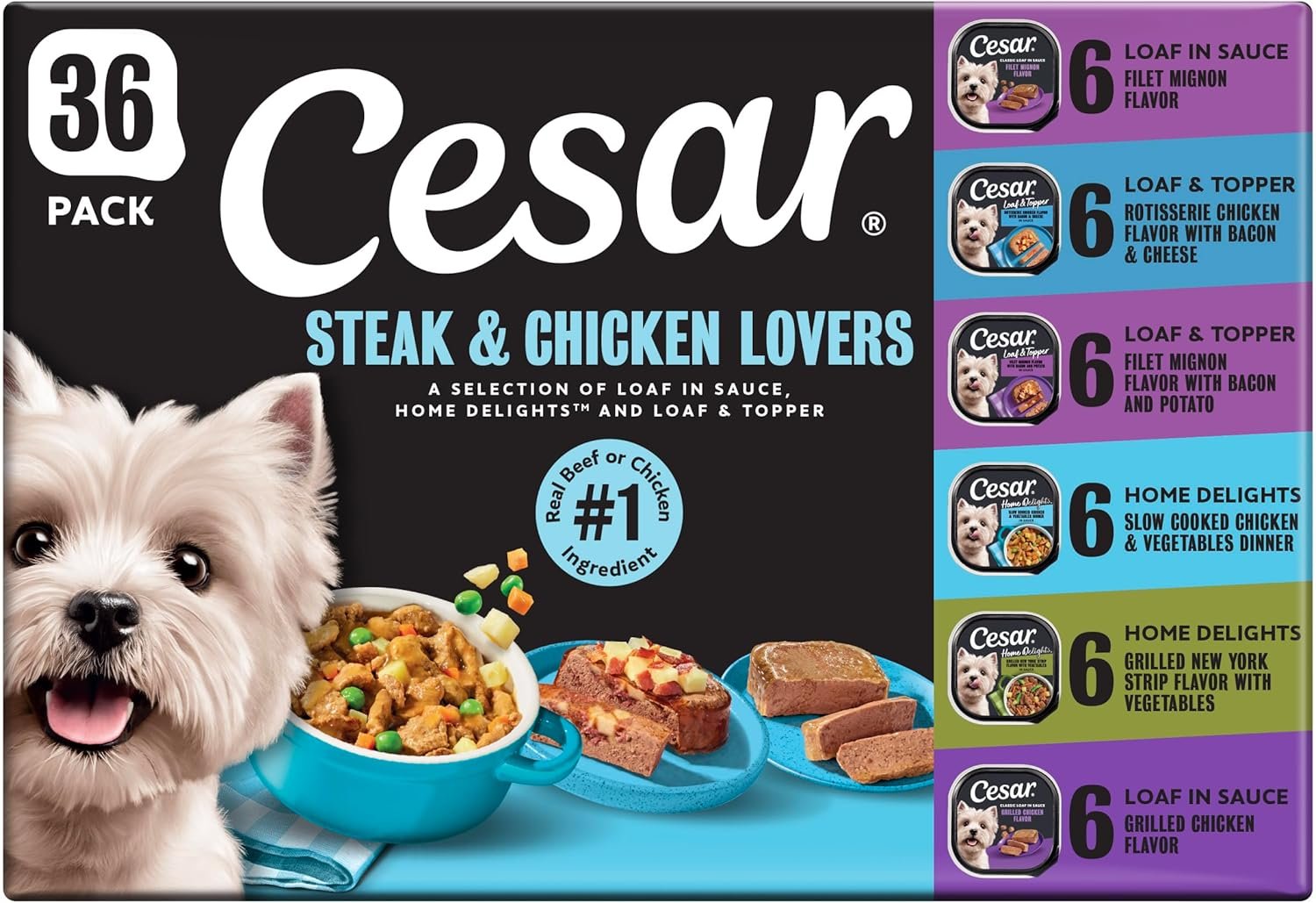 Cesar Wet Dog Food Steak and Chicken Lovers Variety Pack with Real Beef or Real Chicken, 3.5 oz. Easy Peel Trays, 36 Count (Pack of 1)