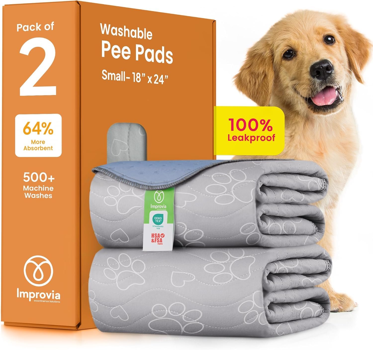 IMPROVIA® Reusable Puppy Pad – Waterproof, Extra-Absorbent, Washable Pee Pad for Dog Training, Whelping, & More – Protect Your Floors & Pet with Quick-Drying Potty Pad (Paws & Hearts, Small 18″x24″)