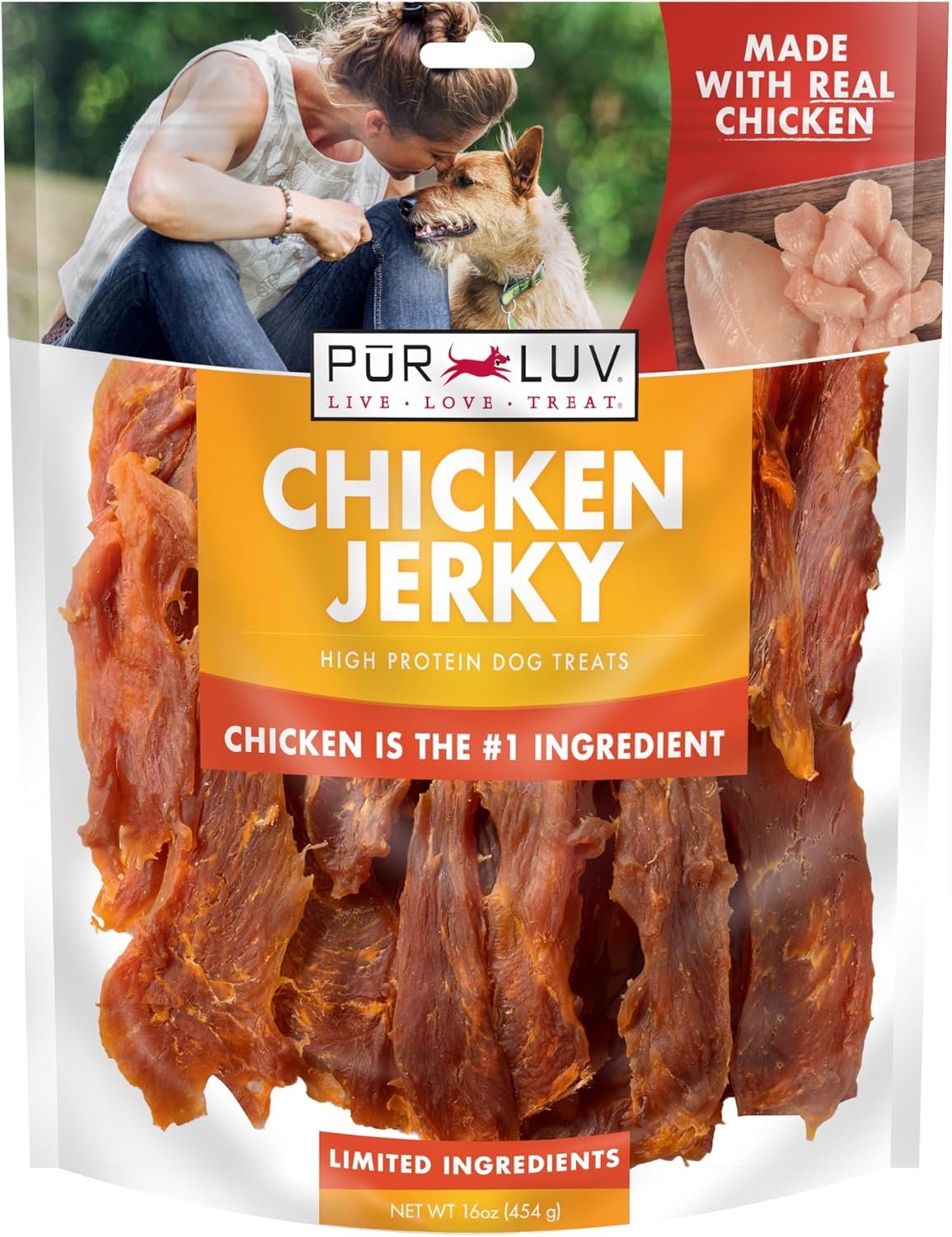 Pur Luv Chicken Jerky Dog Treats, Made with 100% Real Chicken Breast, 16 Ounces, Healthy, Easily Digestible, Long-Lasting, High Protein, Satisfies Dog’s Urge to Chew