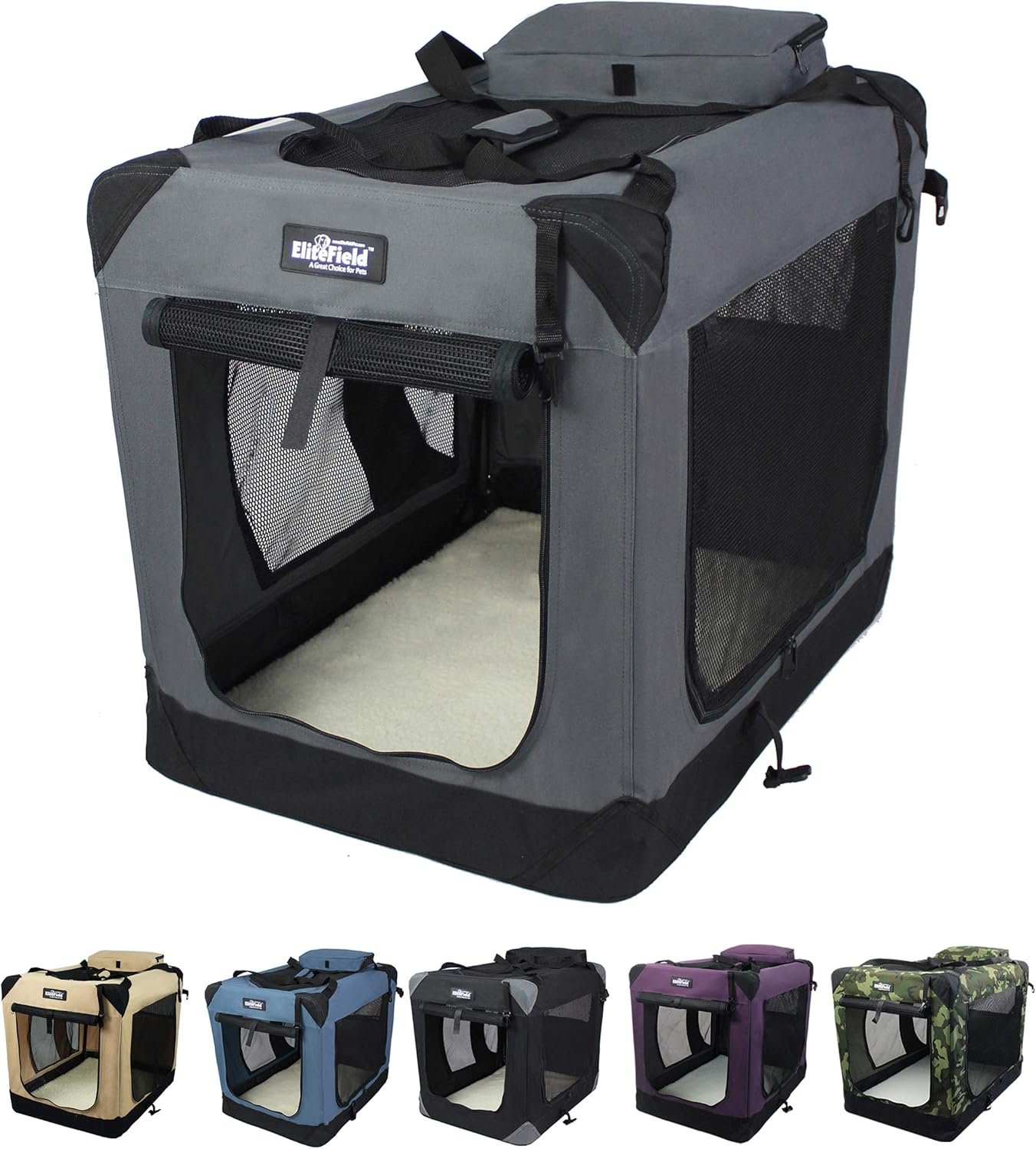EliteField 3-Door Folding Soft Dog Crate with Carrying Bag and Fleece Bed (2 Year Warranty), Indoor & Outdoor Pet Home (30″ L x 21″ W x 24″ H, Gray)