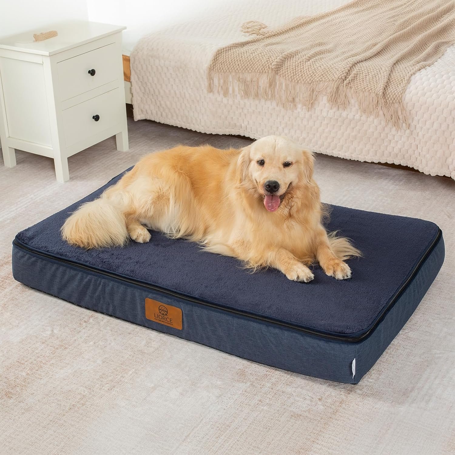 LIORCE Orthopedic Memory Foam XXL Dog Bed – 6″ Thick Beds for Extra Large Sized Dog – Waterproof Removable Washable Cover & Wrap-Around Zipper – Ultimate Comfort & Easy Maintenance, Navy