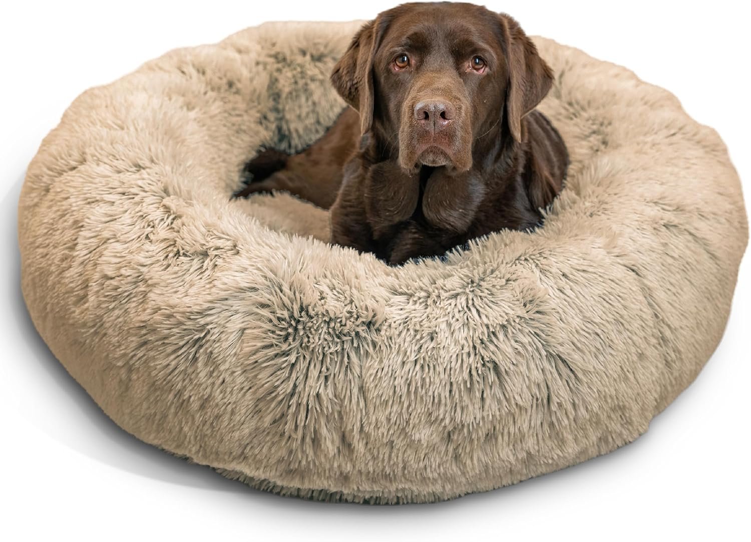 Best Friends by Sheri The Original Calming Donut Dog Bed for Large Dogs up to 100 lbs, Shag Faux Fur, Taupe, Large, 36″ x 36″